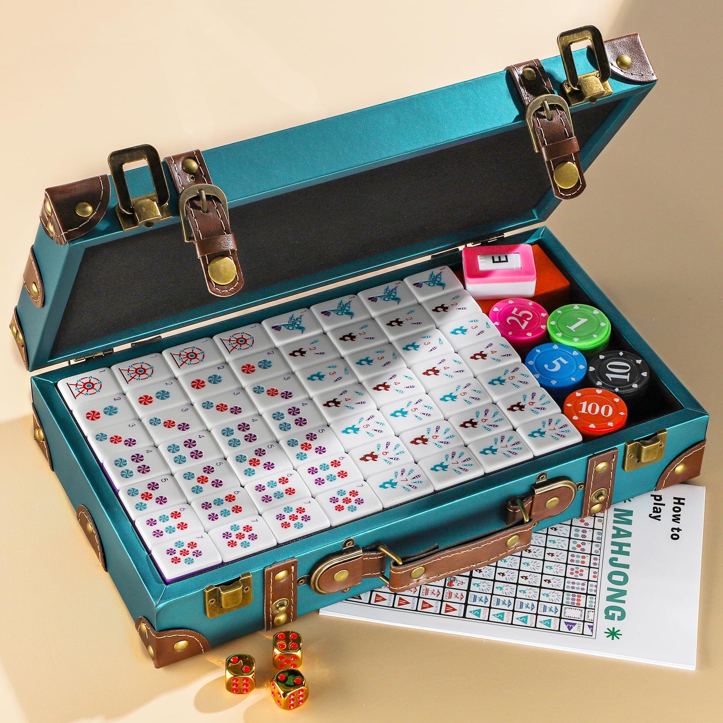 Topmahjing American Mahjong Tile Set – 166 4-Layer Colorful Tiles with Theme Park & Circus Design, 100 Chips, Leather Case