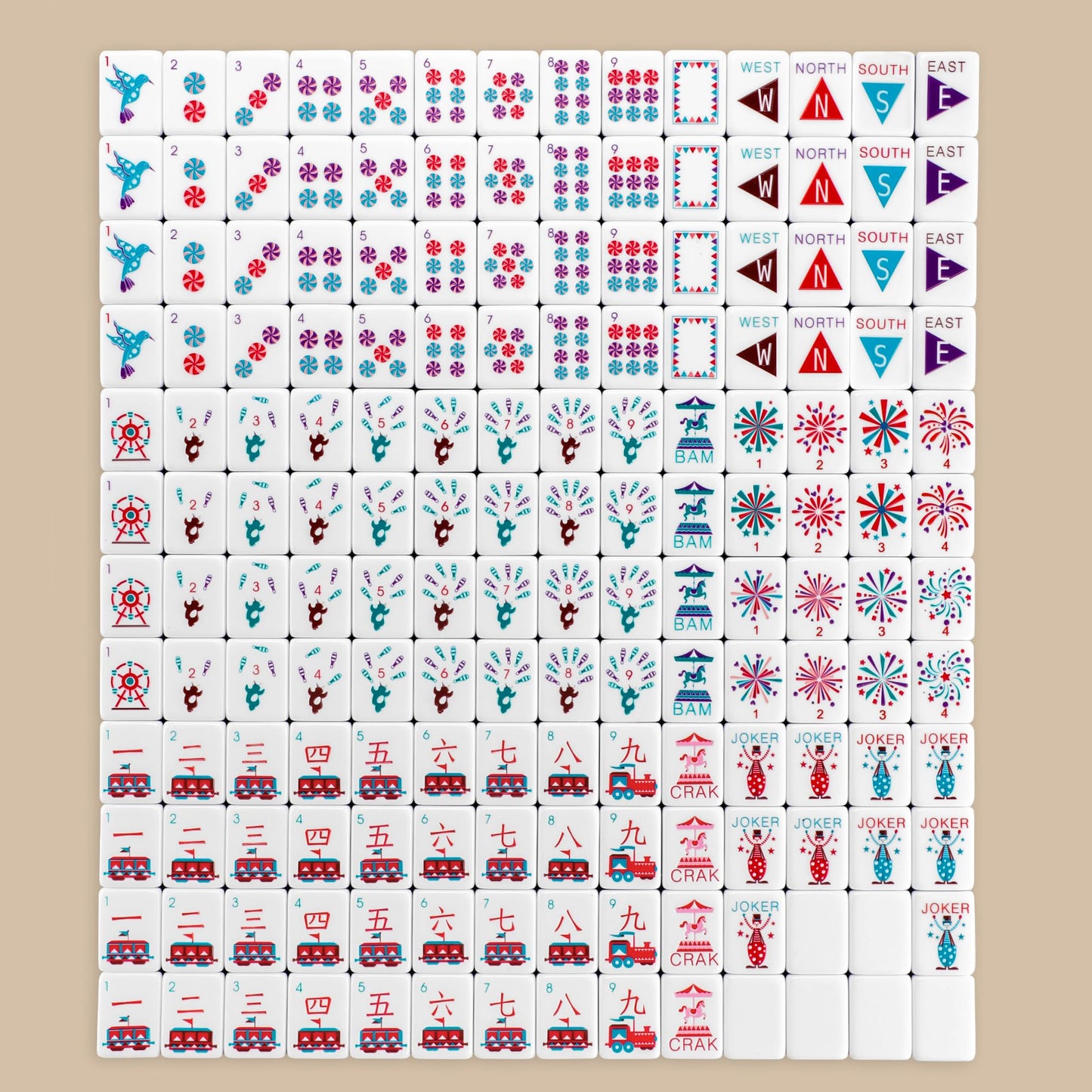 Topmahjing American Mahjong Tile Set – 166 4-Layer Colorful Tiles with Theme Park & Circus Design, 100 Chips, Leather Case