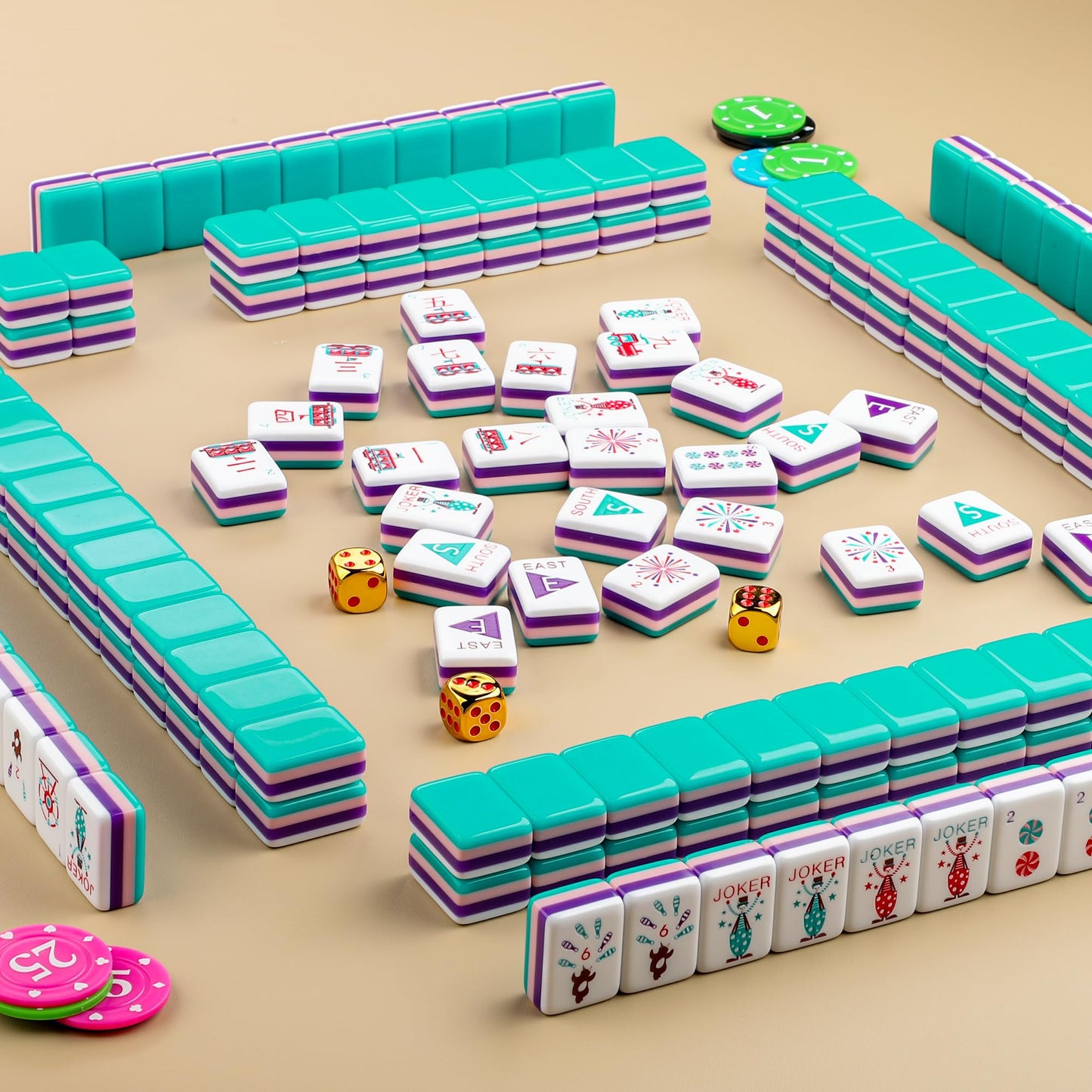 Topmahjing American Mahjong Tile Set – 166 4-Layer Colorful Tiles with Theme Park & Circus Design, 100 Chips, Leather Case