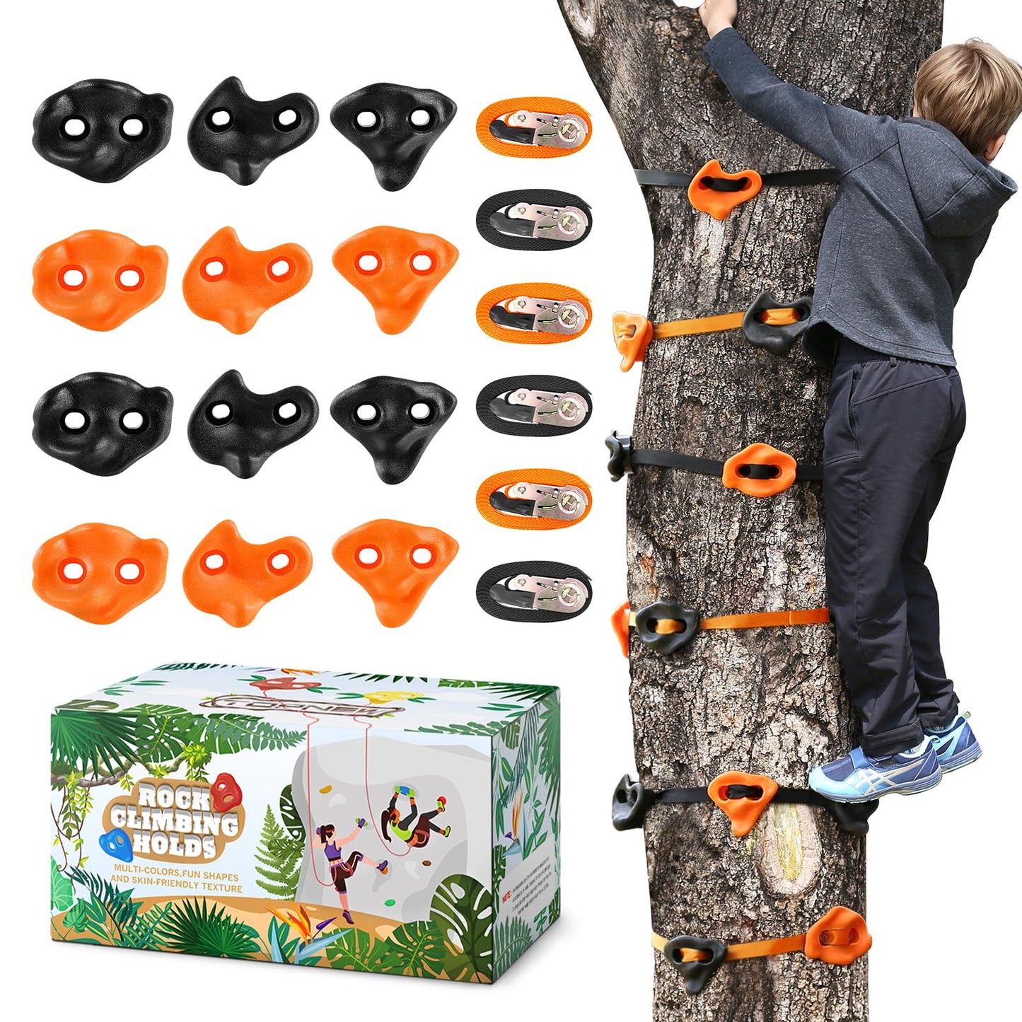 TOPNEW 12 Ninja Tree Climbing Holds for Kids – Orange & Black Kit with 6 Ratchet Straps