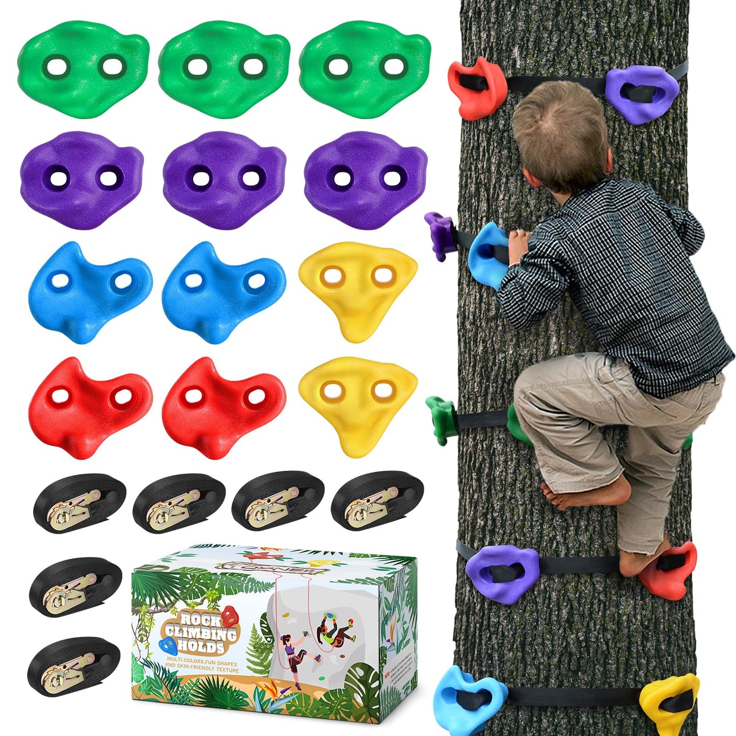 TOPNEW 12 Ninja Tree Climbing Holds with 6 Ratchet Straps – Outdoor Ninja Warrior Training