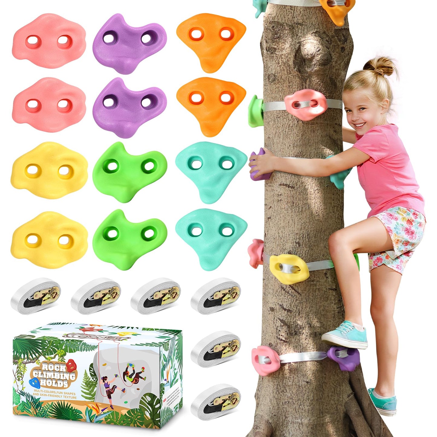 TOPNEW 12 Ninja Tree Climbing Holds for Kids with 6 Ratchet Straps – Pastel Colors