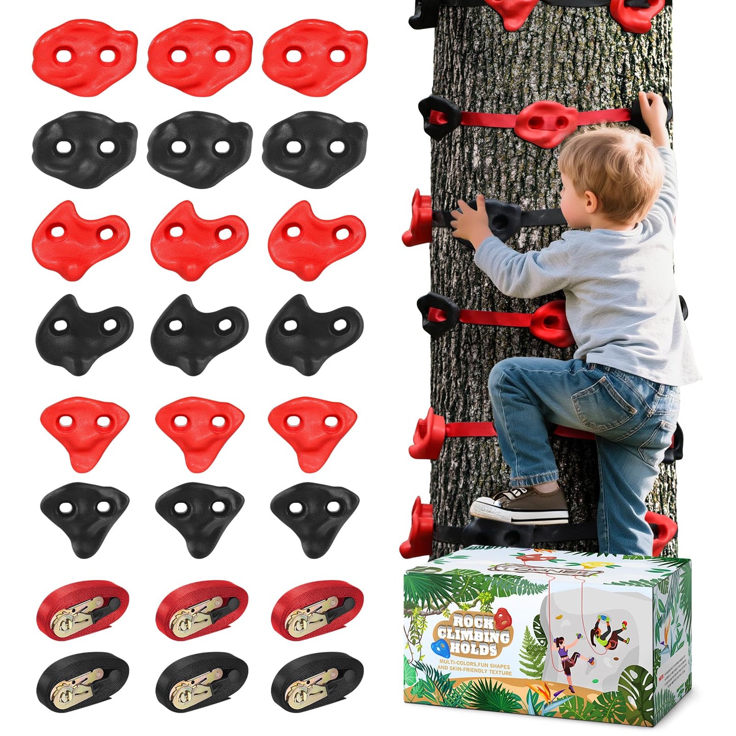 TOPNEW 18 Ninja Tree Climbing Holds for Kids – Outdoor Climbing Kit with 6 Ratchet Straps