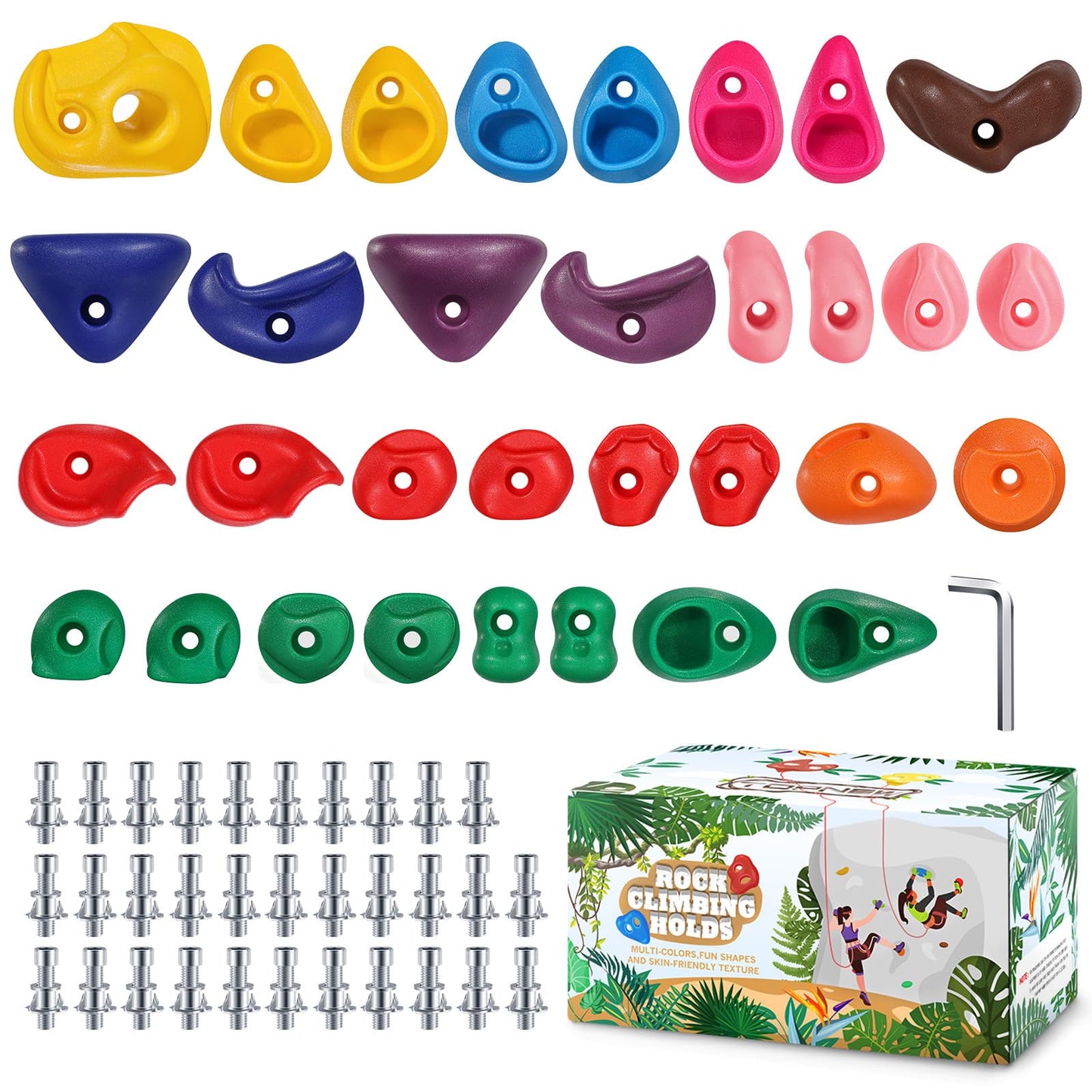 TOPNEW 32 Rock Climbing Holds – Multi-Size Set for Indoor/Outdoor Rock Walls (2-inch Mounting Hardware Included)