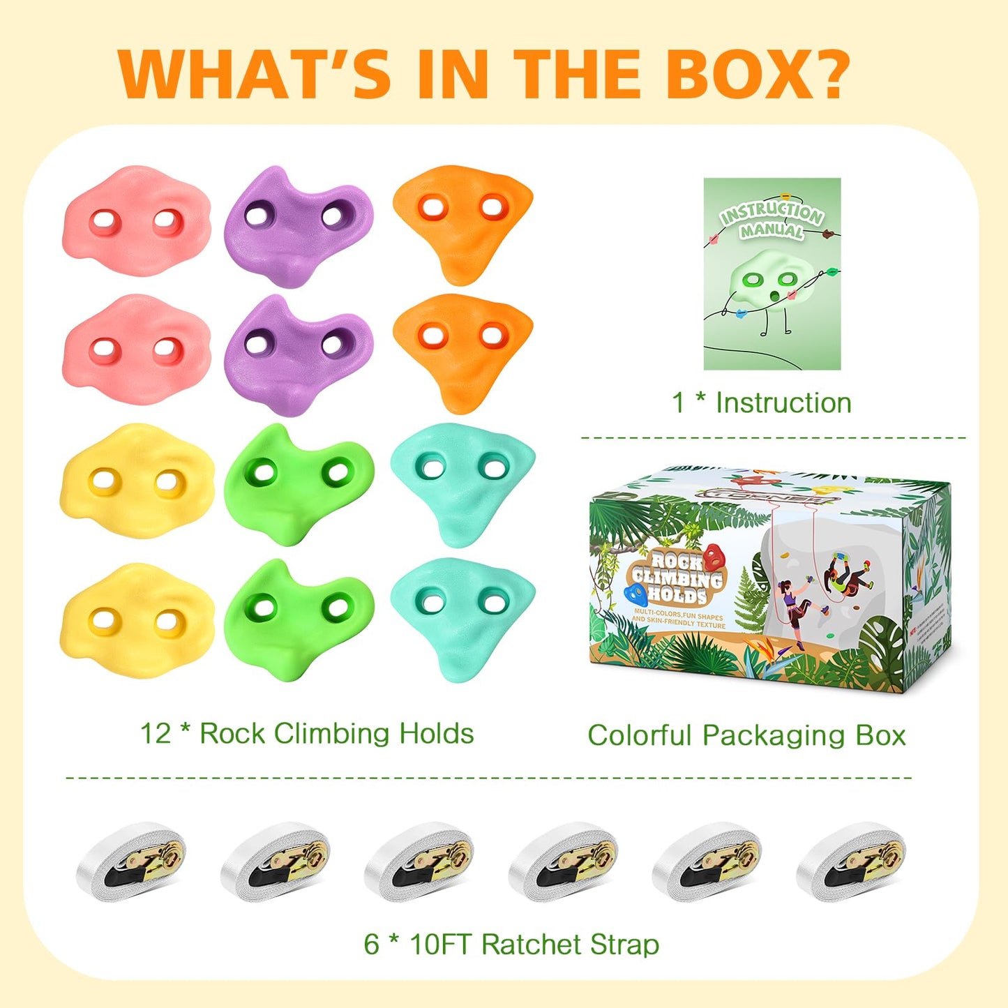 TOPNEW 12 Ninja Tree Climbing Holds for Kids with 6 Ratchet Straps – Pastel Colors