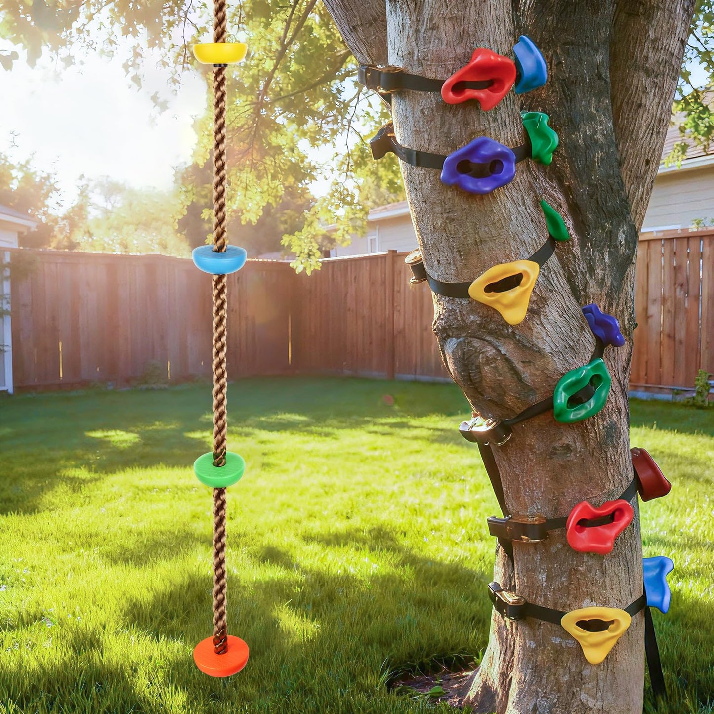 TOPNEW 12 Ninja Tree Climbing Holds + 6.56 ft Rope Swing Kit for Kids