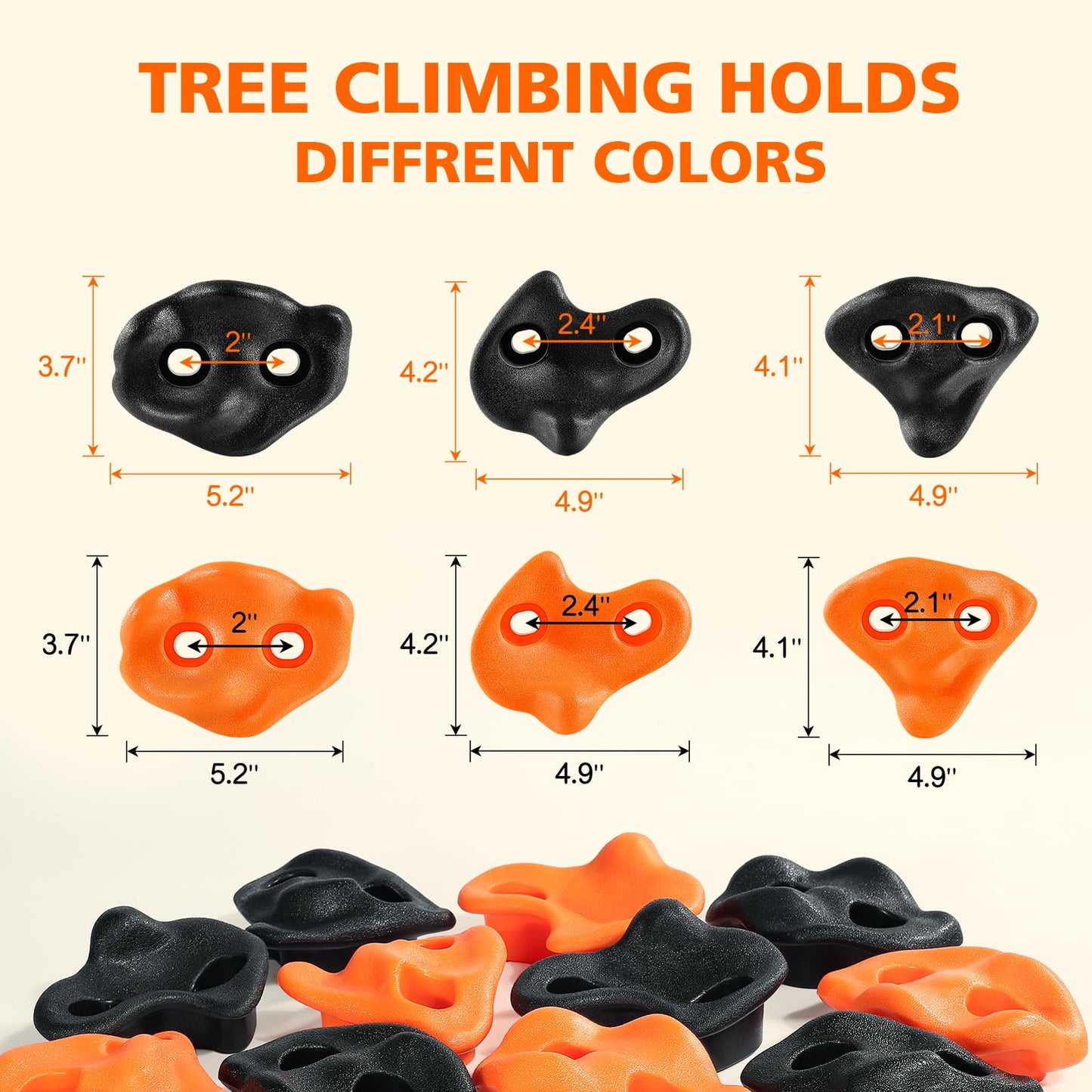 TOPNEW 12 Ninja Tree Climbing Holds for Kids – Orange & Black Kit with 6 Ratchet Straps
