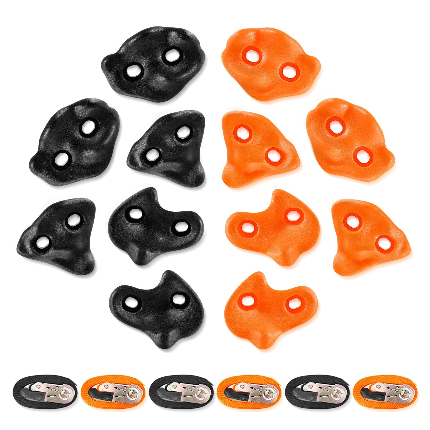 TOPNEW 12 Ninja Tree Climbing Holds for Kids – Orange & Black Kit with 6 Ratchet Straps