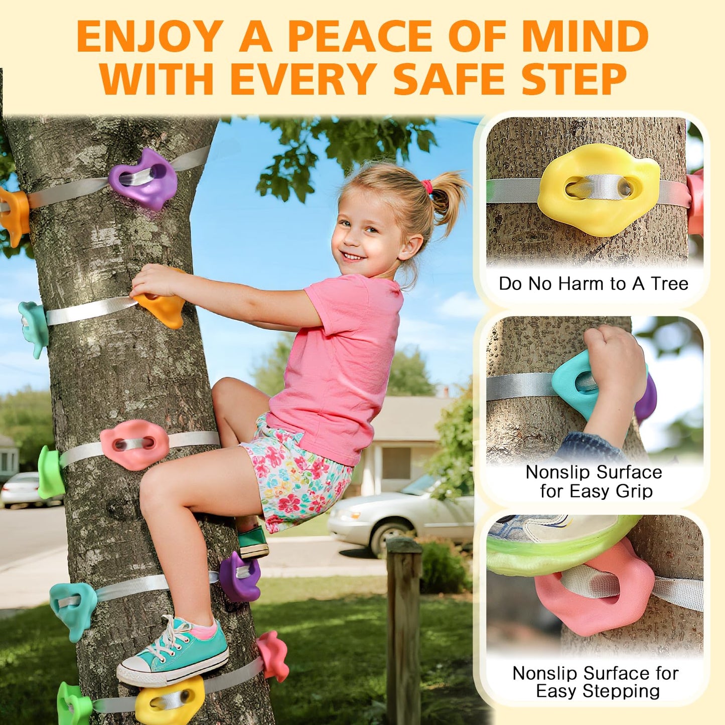 TOPNEW 12 Ninja Tree Climbing Holds for Kids with 6 Ratchet Straps – Pastel Colors