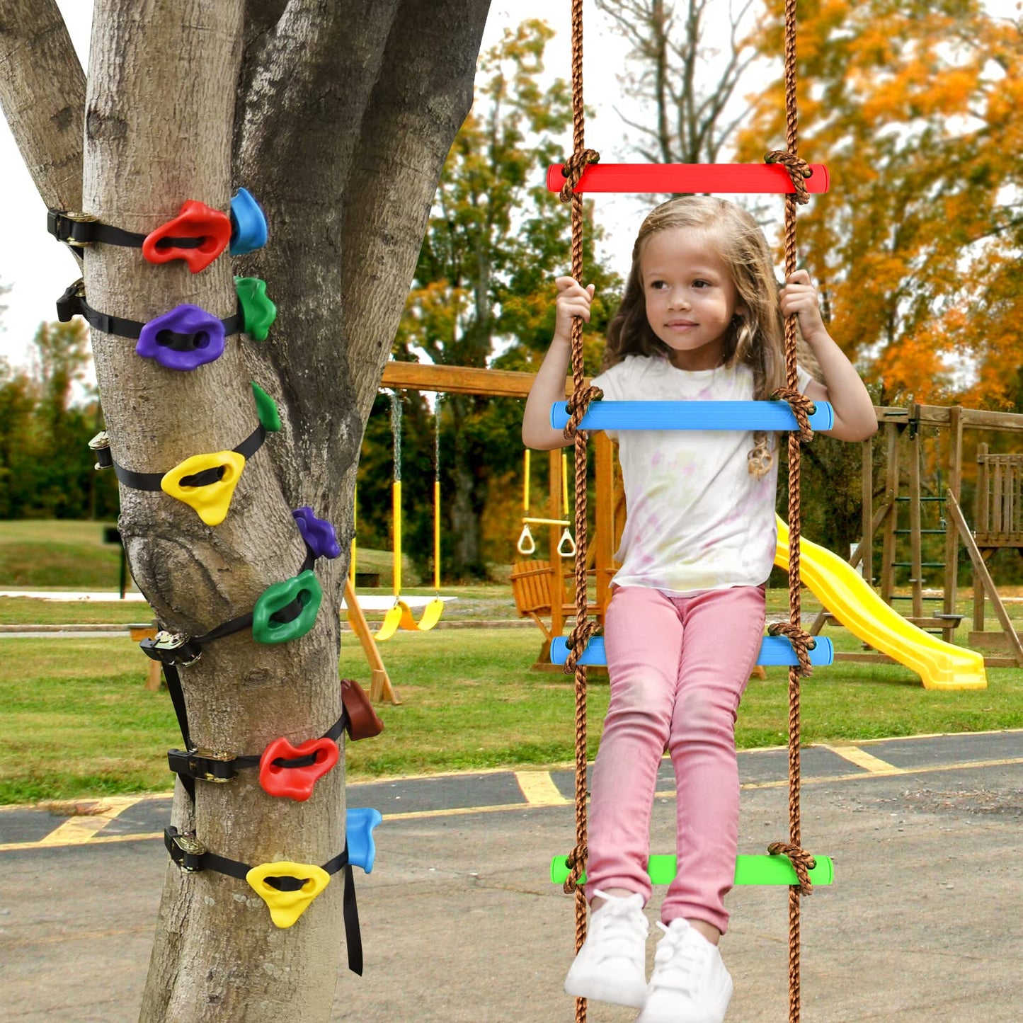 TOPNEW 12 Ninja Tree Climbing Holds + 6.6ft Rope Ladder – Outdoor Ninja Obstacle Kit