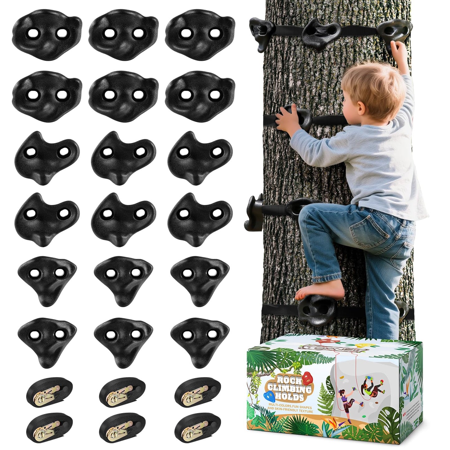 TOPNEW 18-Pcs Ninja Tree Climbing Holds & 6 Ratchet Straps for Kids - Outdoor Ninja Warrior Training Kit