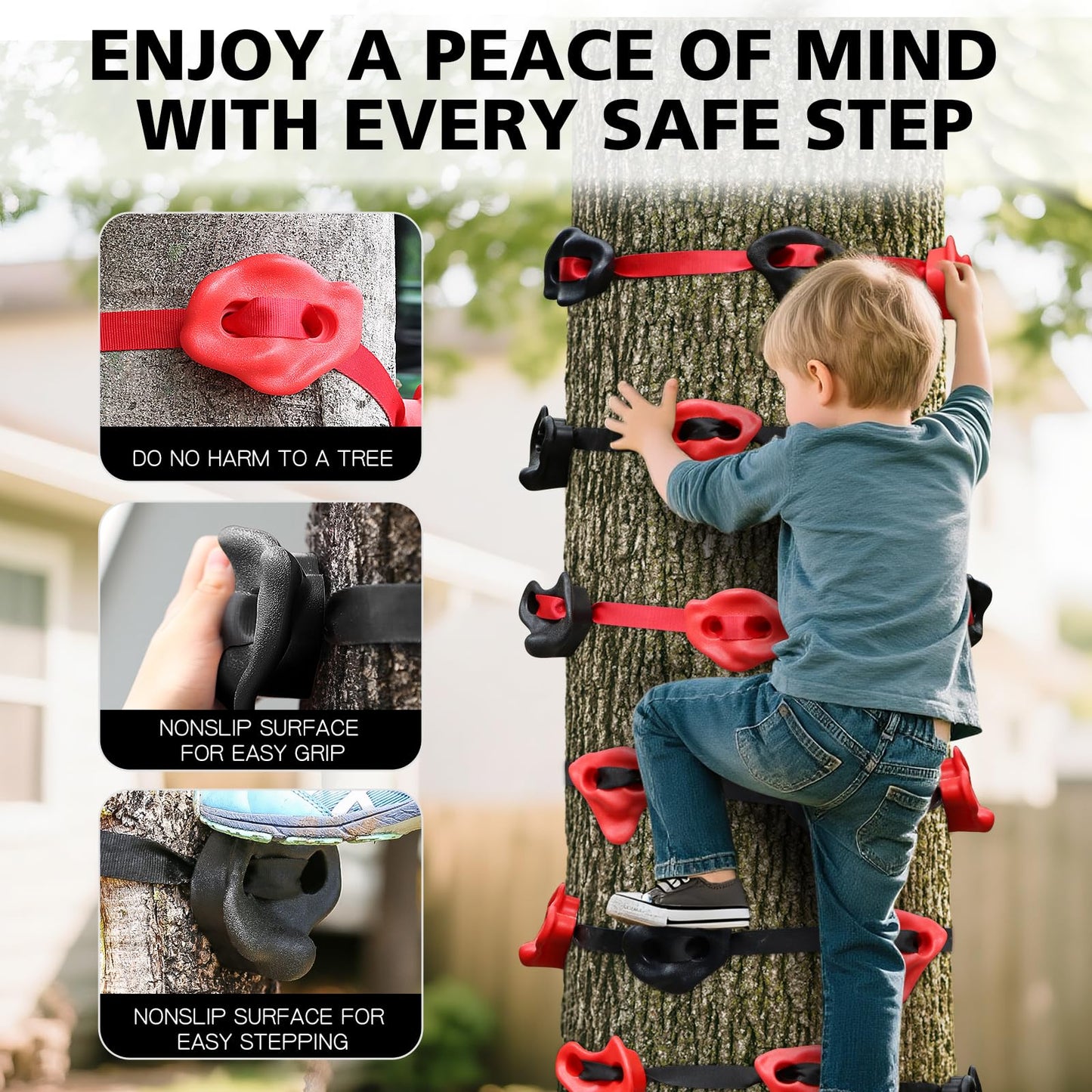 TOPNEW 18 Ninja Tree Climbing Holds for Kids – Outdoor Climbing Kit with 6 Ratchet Straps