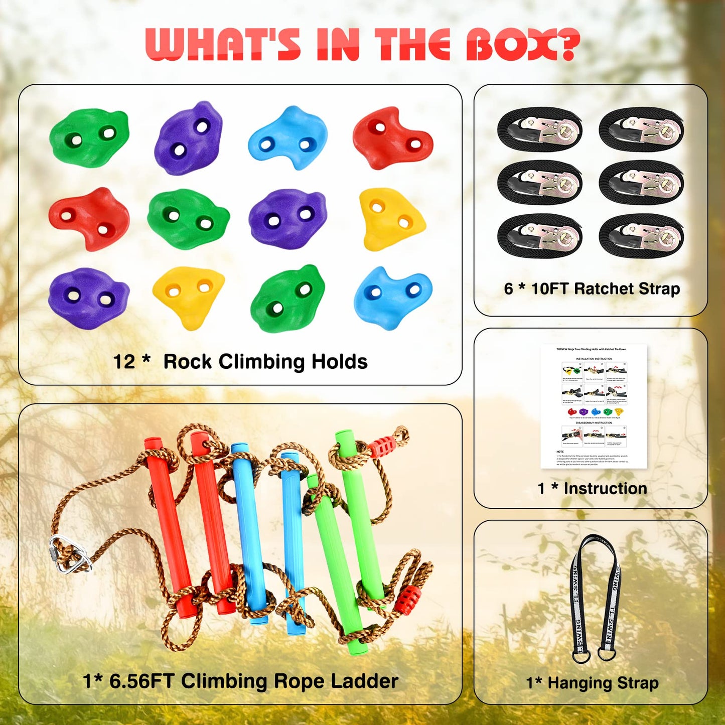 TOPNEW 12 Ninja Tree Climbing Holds + 6.6ft Rope Ladder – Outdoor Ninja Obstacle Kit