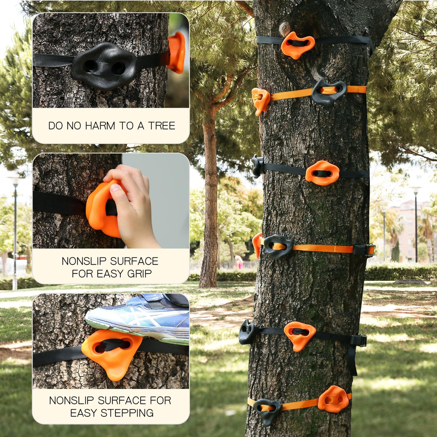 TOPNEW 12 Ninja Tree Climbing Holds for Kids – Orange & Black Kit with 6 Ratchet Straps