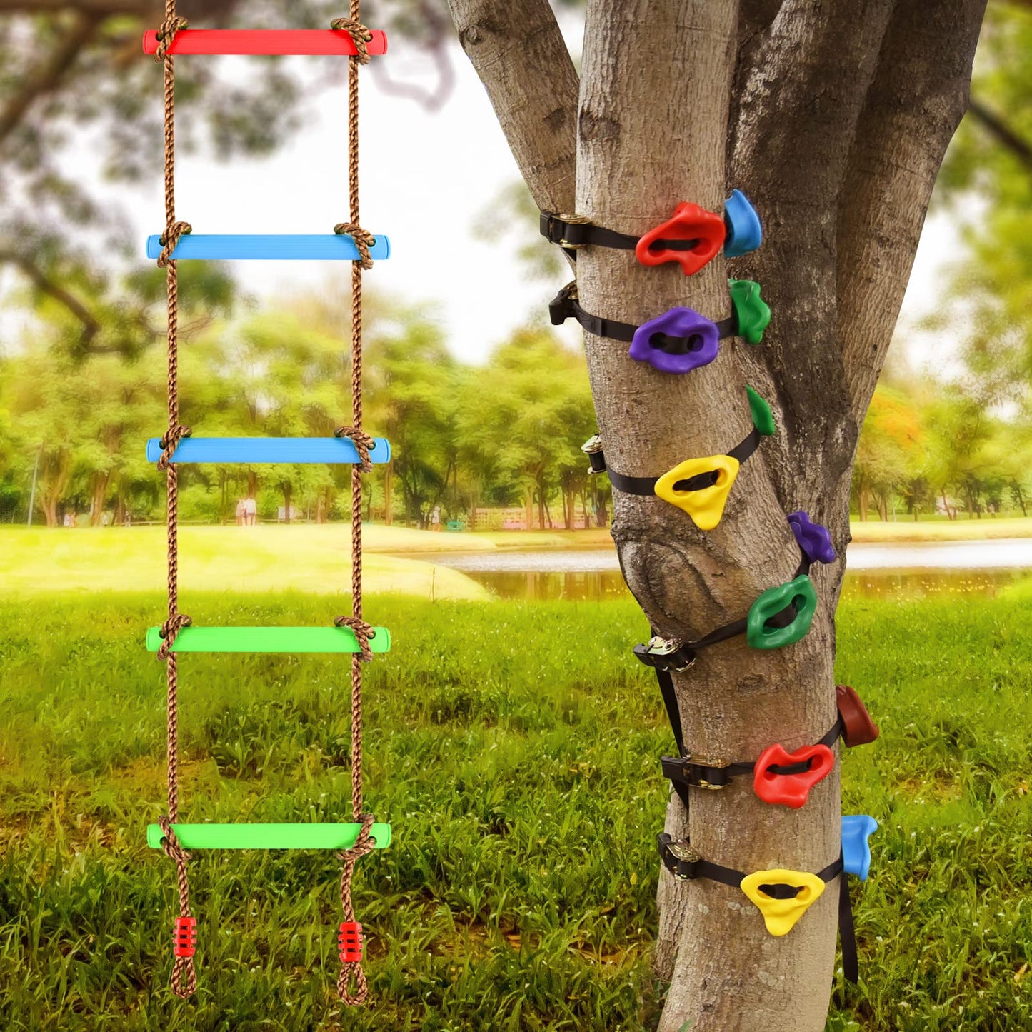 TOPNEW 12 Ninja Tree Climbing Holds + 6.6ft Rope Ladder – Outdoor Ninja Obstacle Kit