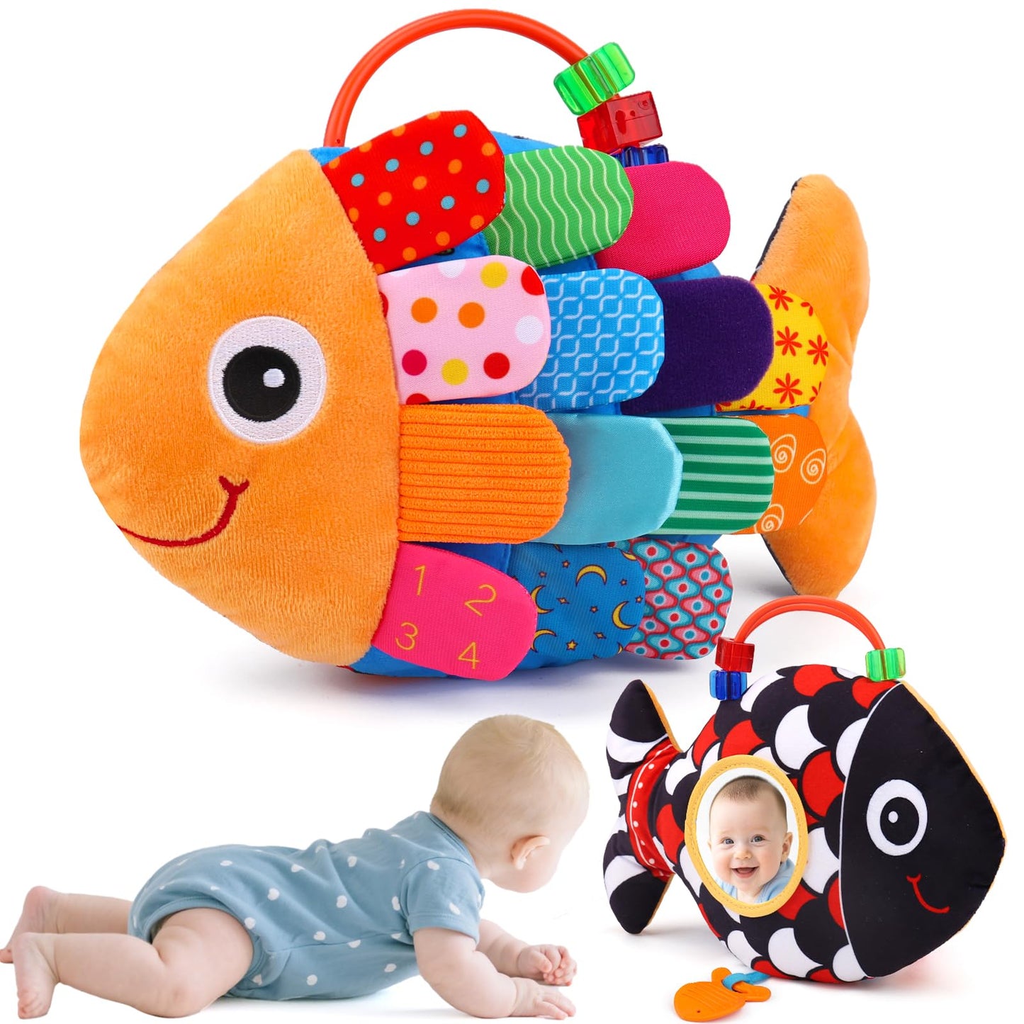 Topsochir Baby Sensory Fish Toy – High-Contrast Tummy Time Play with Mirror, Crinkle, Rattle (0-6 Months)