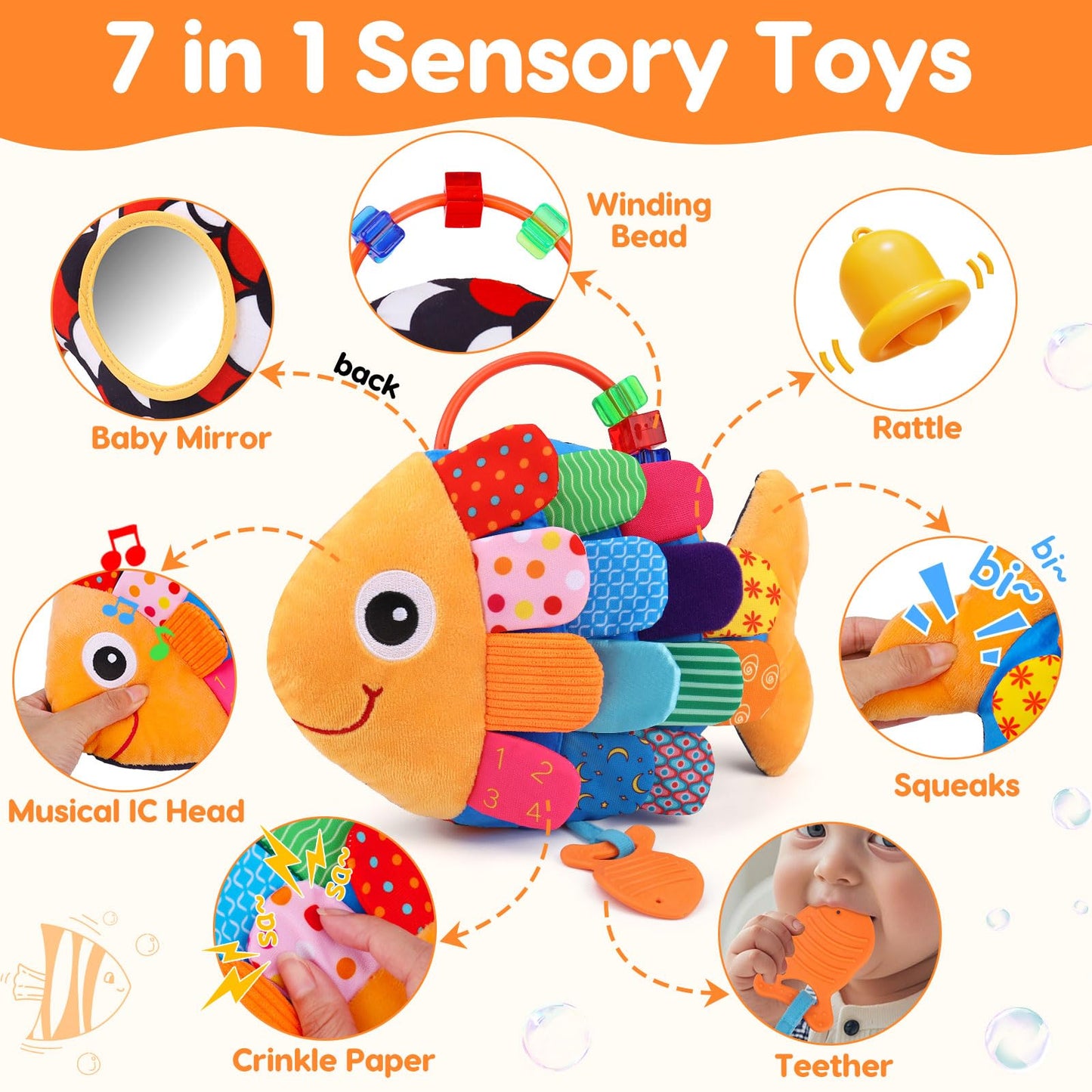 Topsochir Baby Sensory Fish Toy – High-Contrast Tummy Time Play with Mirror, Crinkle, Rattle (0-6 Months)