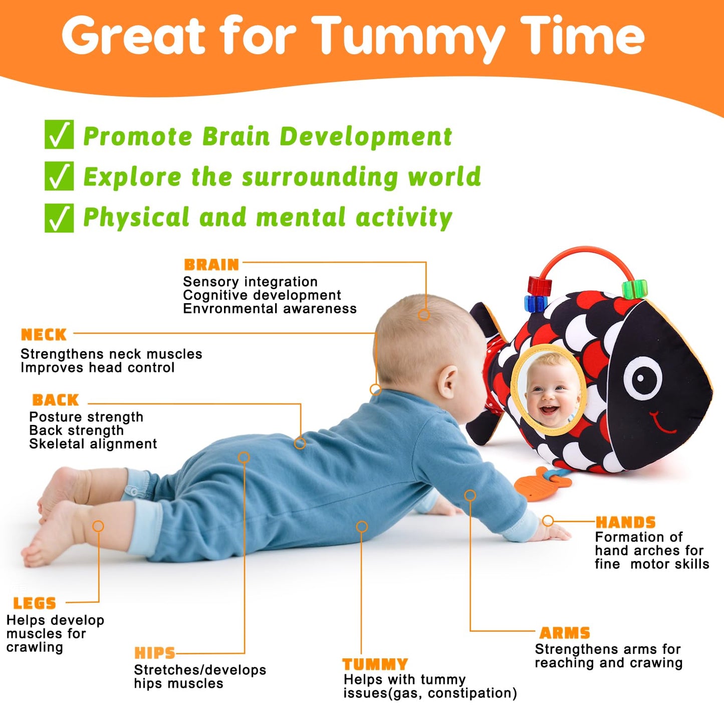 Topsochir Baby Sensory Fish Toy – High-Contrast Tummy Time Play with Mirror, Crinkle, Rattle (0-6 Months)