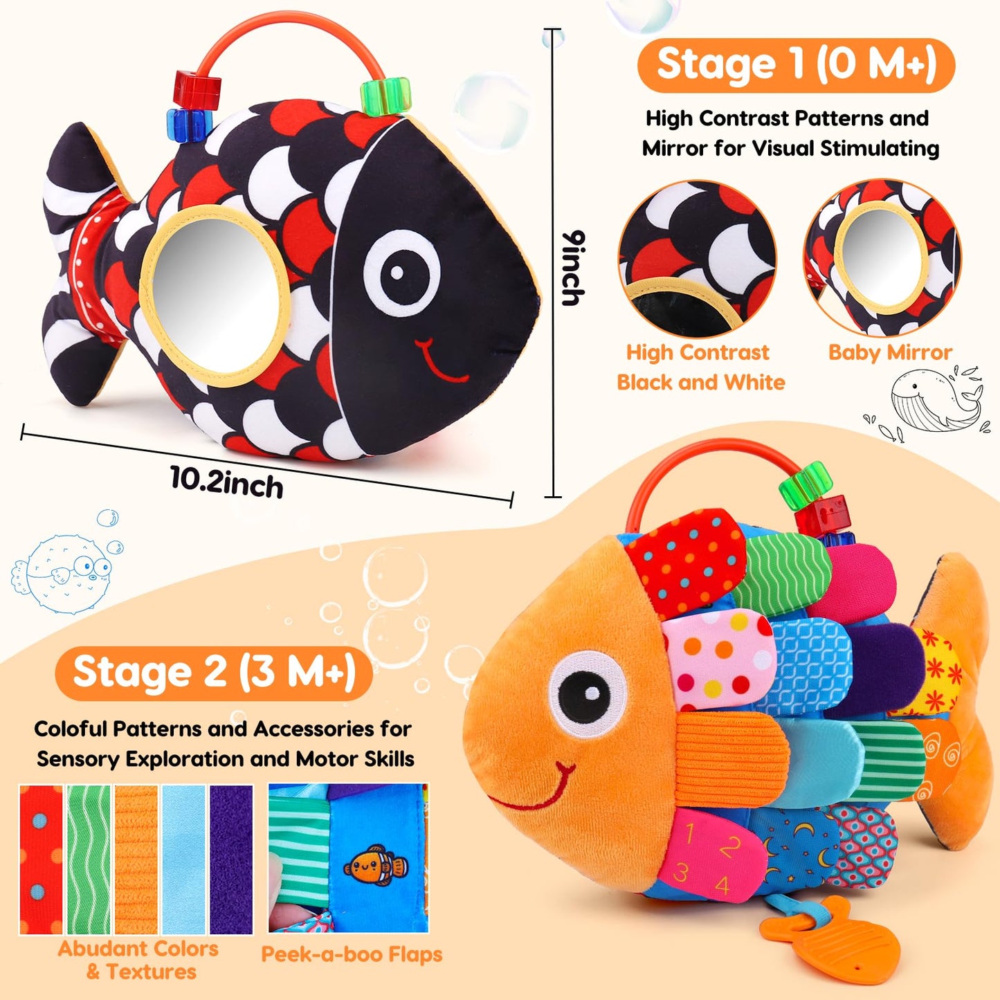 Topsochir Baby Sensory Fish Toy – High-Contrast Tummy Time Play with Mirror, Crinkle, Rattle (0-6 Months)