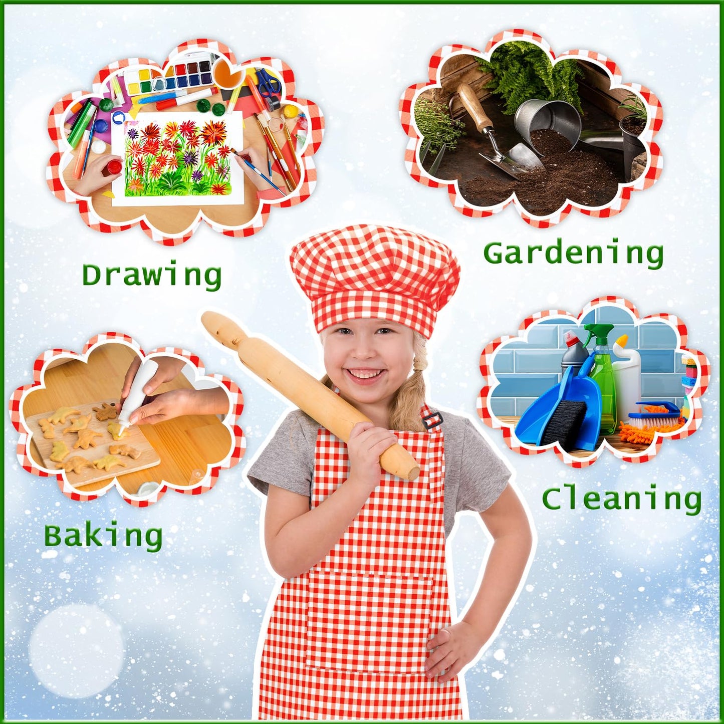 TOPWAYS Kids Apron and Chef Hat Set – Adjustable Checkered Red, Pockets, for Painting, Baking, and Cooking (M)