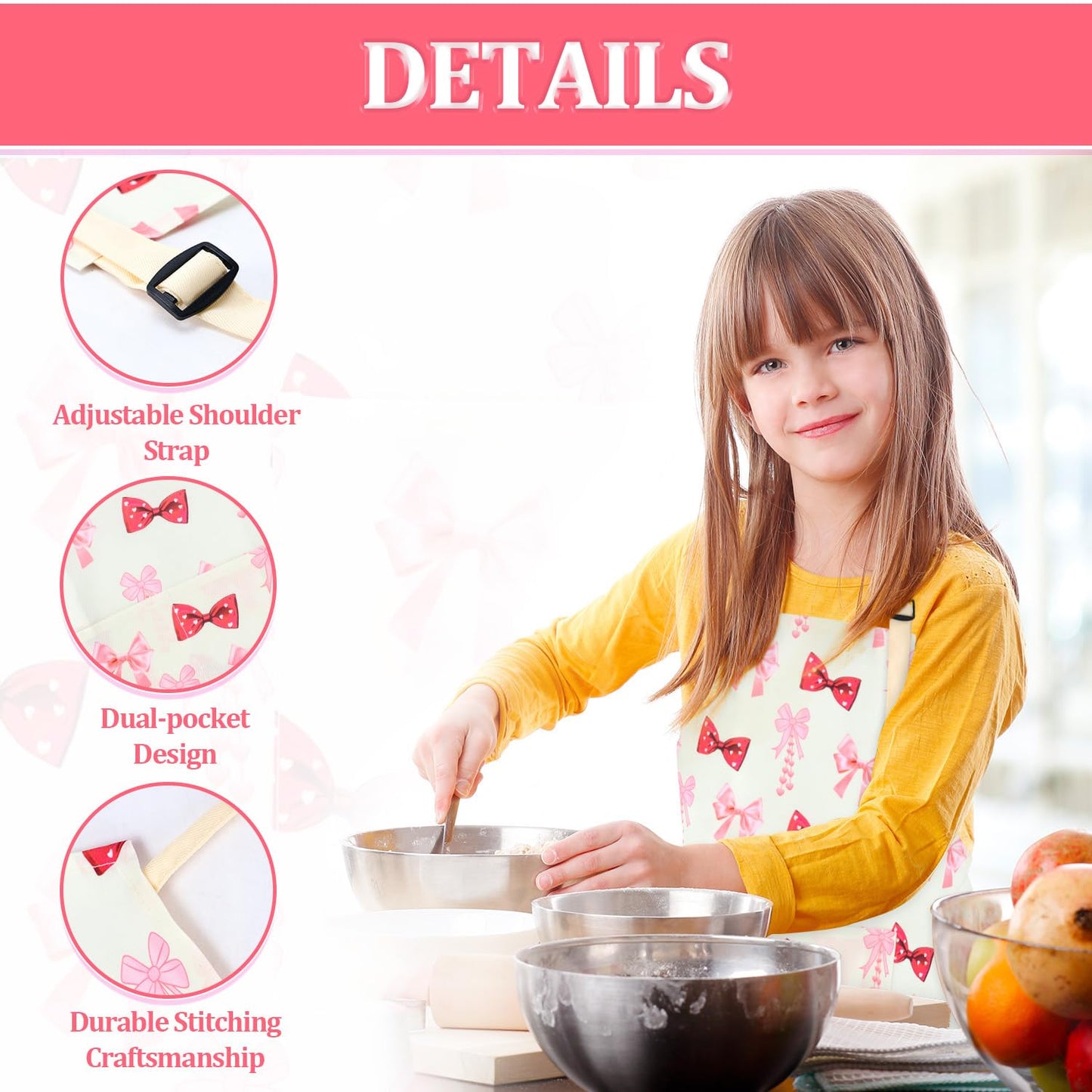 TOPWAYS Cartoon Canvas Kids Aprons — Adjustable Neck Strap, Durable for Cooking, Baking, Painting (Bow, L)