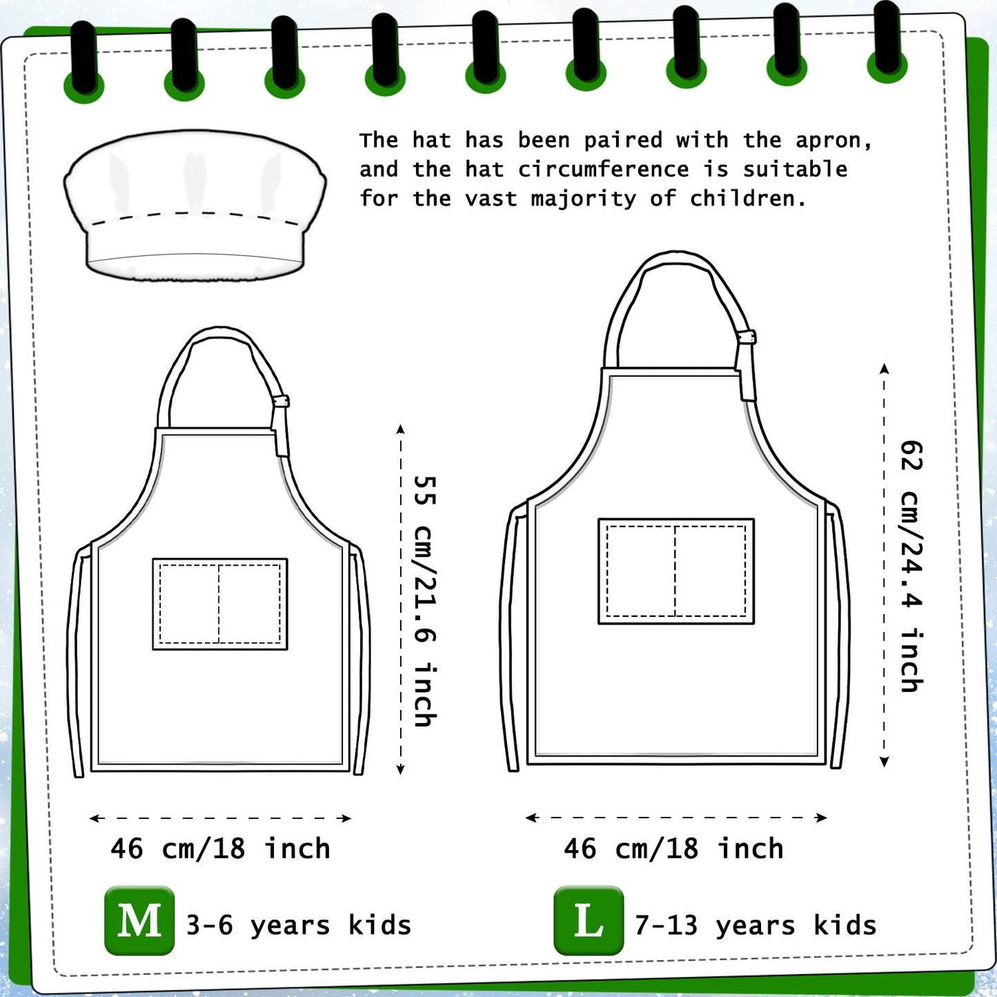 TOPWAYS Kids Apron & Chef Hat Set - Adjustable Pink Checkered Aprons with Pockets (M) for Painting, Baking, Cooking