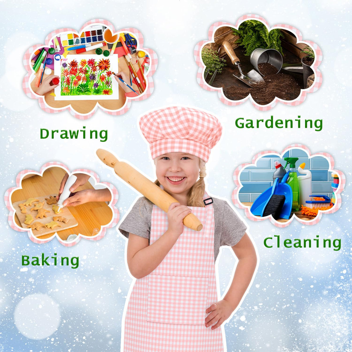 TOPWAYS Kids Apron & Chef Hat Set - Adjustable Pink Checkered Aprons with Pockets (M) for Painting, Baking, Cooking