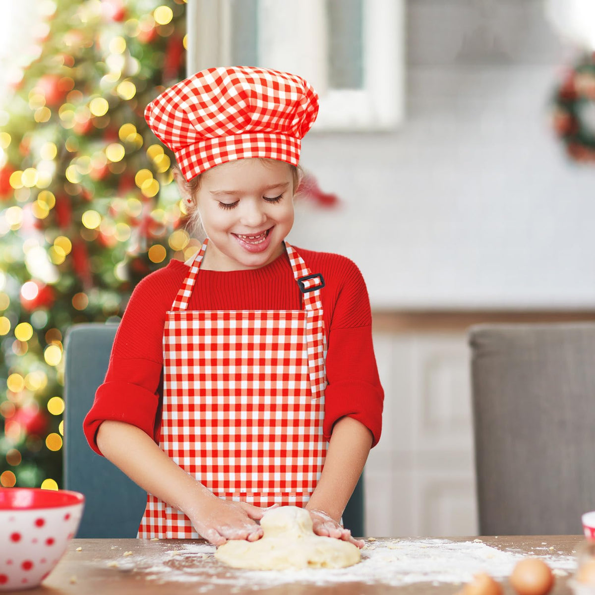 TOPWAYS Kids Apron and Chef Hat Set – Adjustable Checkered Red, Pockets, for Painting, Baking, and Cooking (M)