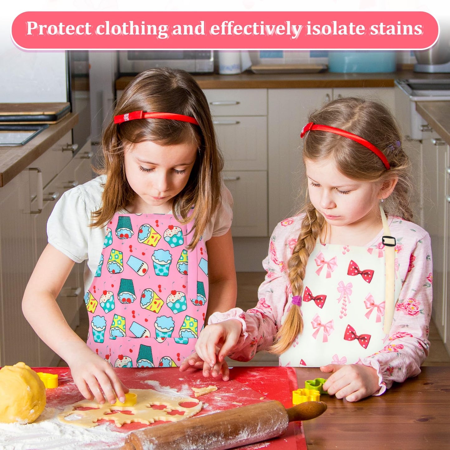 TOPWAYS Cartoon Canvas Kids Aprons — Adjustable Neck Strap, Durable for Cooking, Baking, Painting (Bow, L)