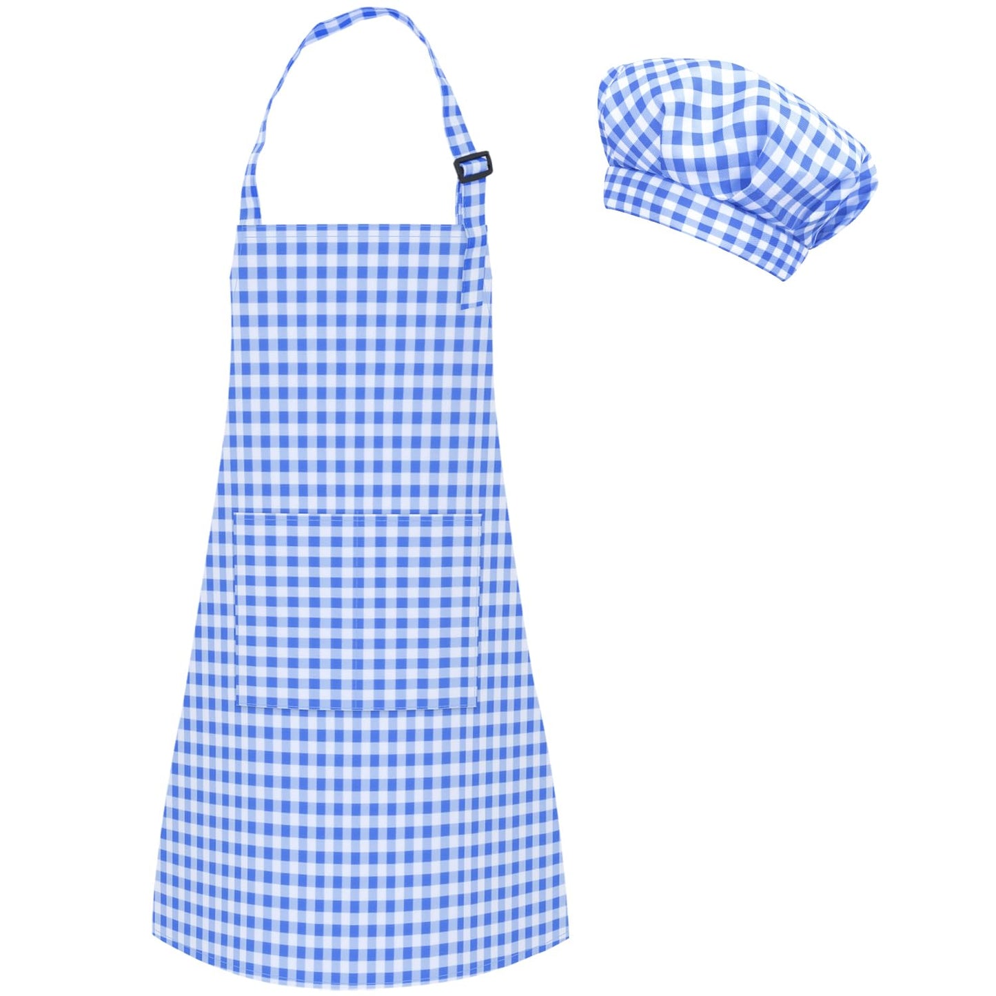 TOPWAYS Kids Apron & Chef Hat Set — Adjustable Checkered Apron with Pockets, Blue (Size M/L)
