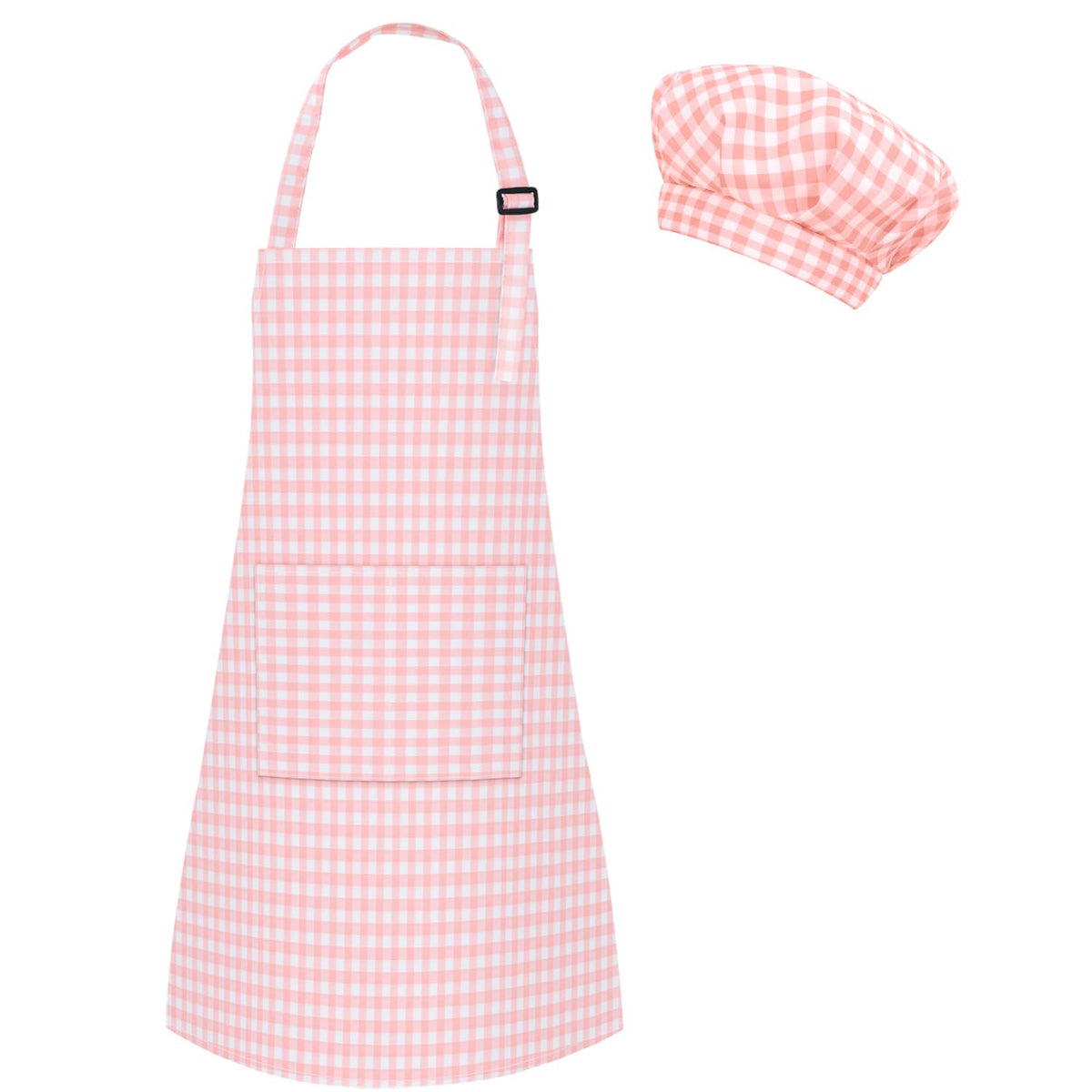 TOPWAYS Kids Apron & Chef Hat Set - Adjustable Pink Checkered Aprons with Pockets (M) for Painting, Baking, Cooking