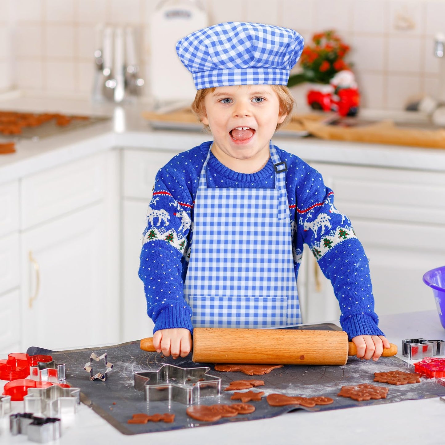 TOPWAYS Kids Apron & Chef Hat Set — Adjustable Checkered Apron with Pockets, Blue (Size M/L)