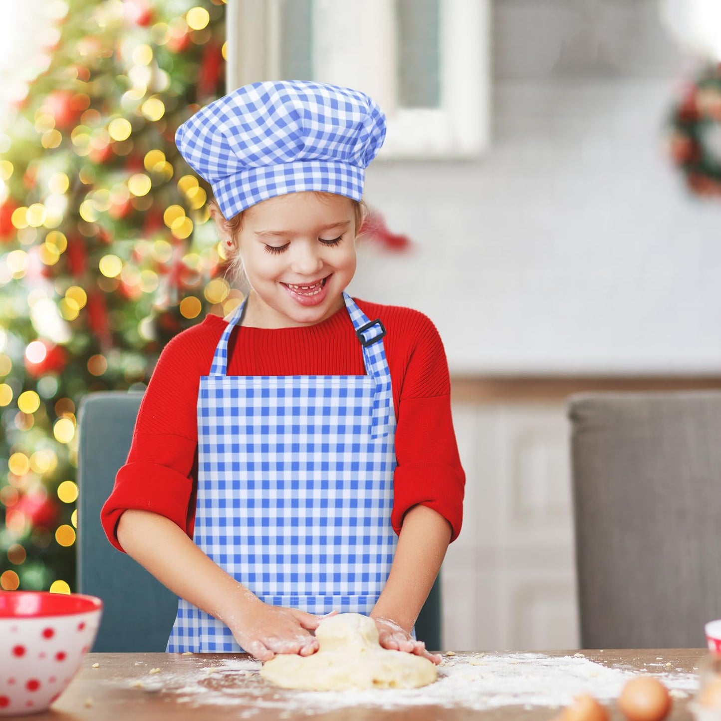 TOPWAYS Kids Apron & Chef Hat Set — Adjustable Checkered Apron with Pockets, Blue (Size M/L)
