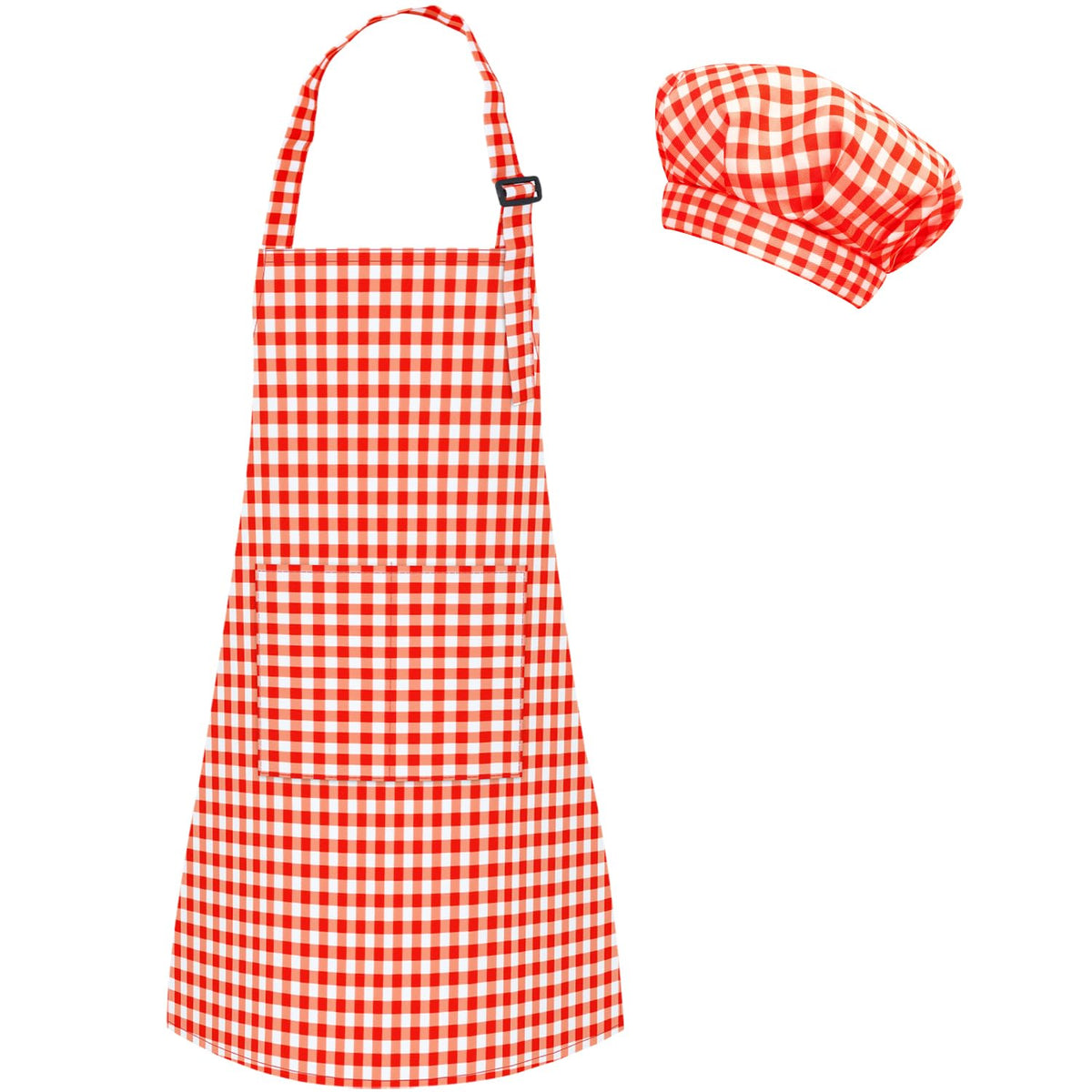 TOPWAYS Kids Apron and Chef Hat Set – Adjustable Checkered Red, Pockets, for Painting, Baking, and Cooking (M)