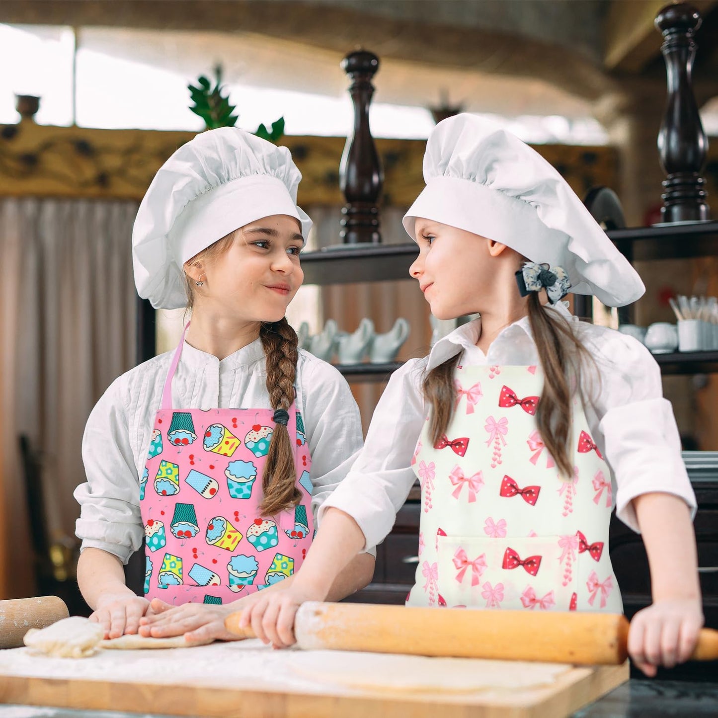 TOPWAYS Cartoon Canvas Kids Aprons — Adjustable Neck Strap, Durable for Cooking, Baking, Painting (Bow, L)