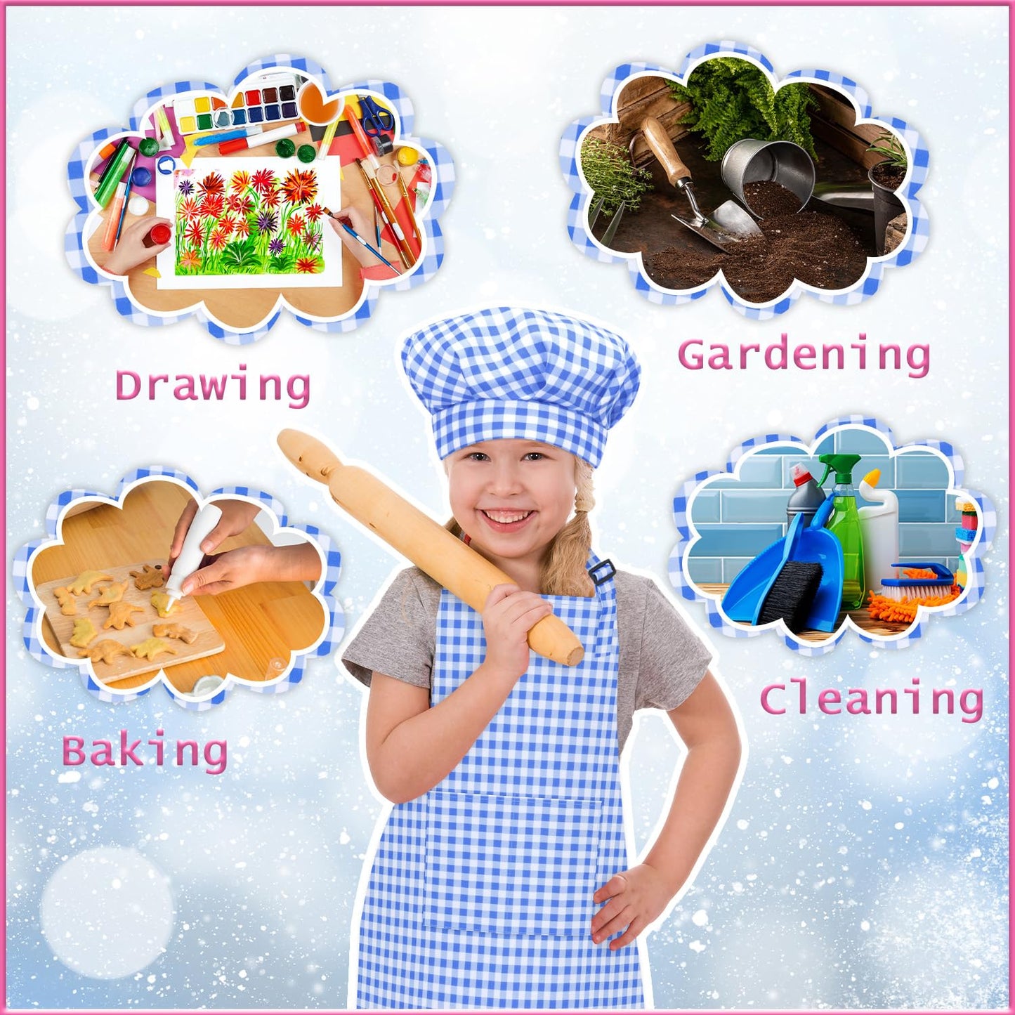 TOPWAYS Kids Apron & Chef Hat Set — Adjustable Checkered Apron with Pockets, Blue (Size M/L)