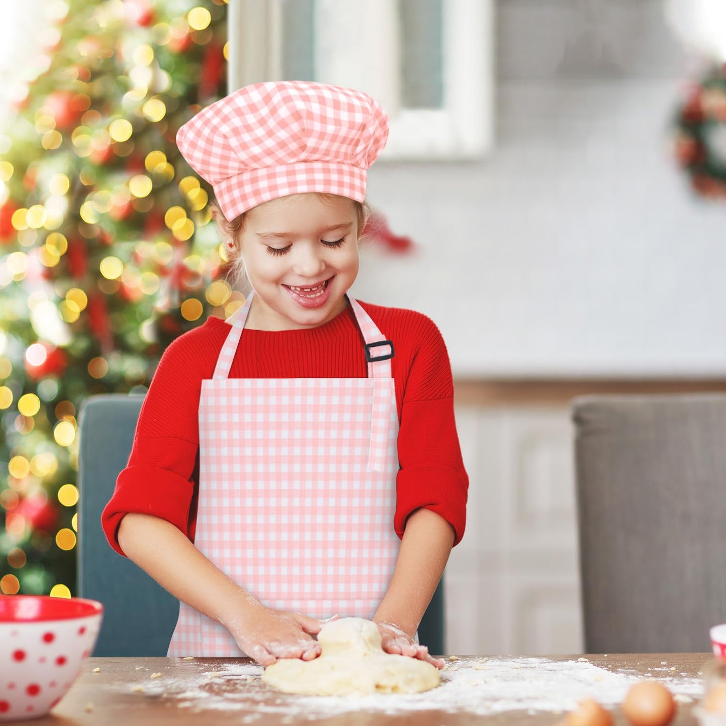 TOPWAYS Kids Apron & Chef Hat Set - Adjustable Pink Checkered Aprons with Pockets (M) for Painting, Baking, Cooking
