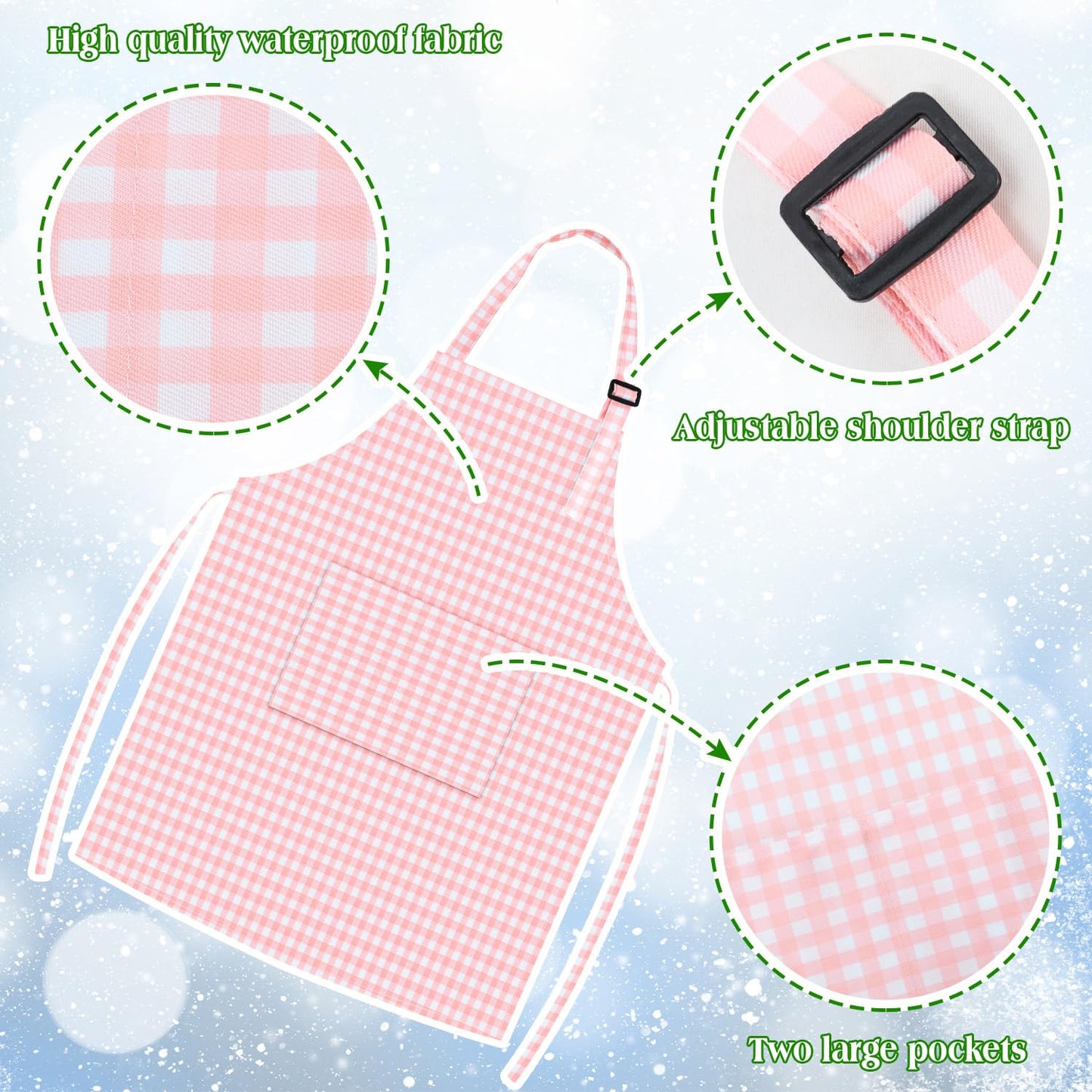 TOPWAYS Kids Apron & Chef Hat Set - Adjustable Pink Checkered Aprons with Pockets (M) for Painting, Baking, Cooking
