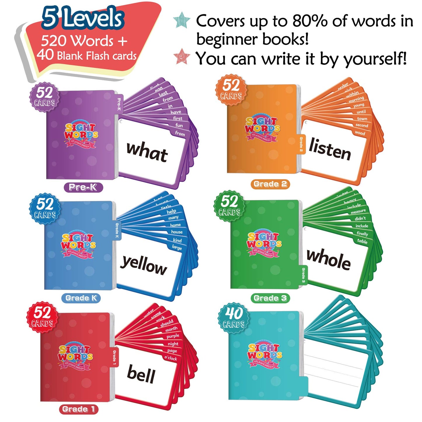 Torlam 520 Sight Words Flash Cards — Kindergarten to Grade 3, Folders & Rings