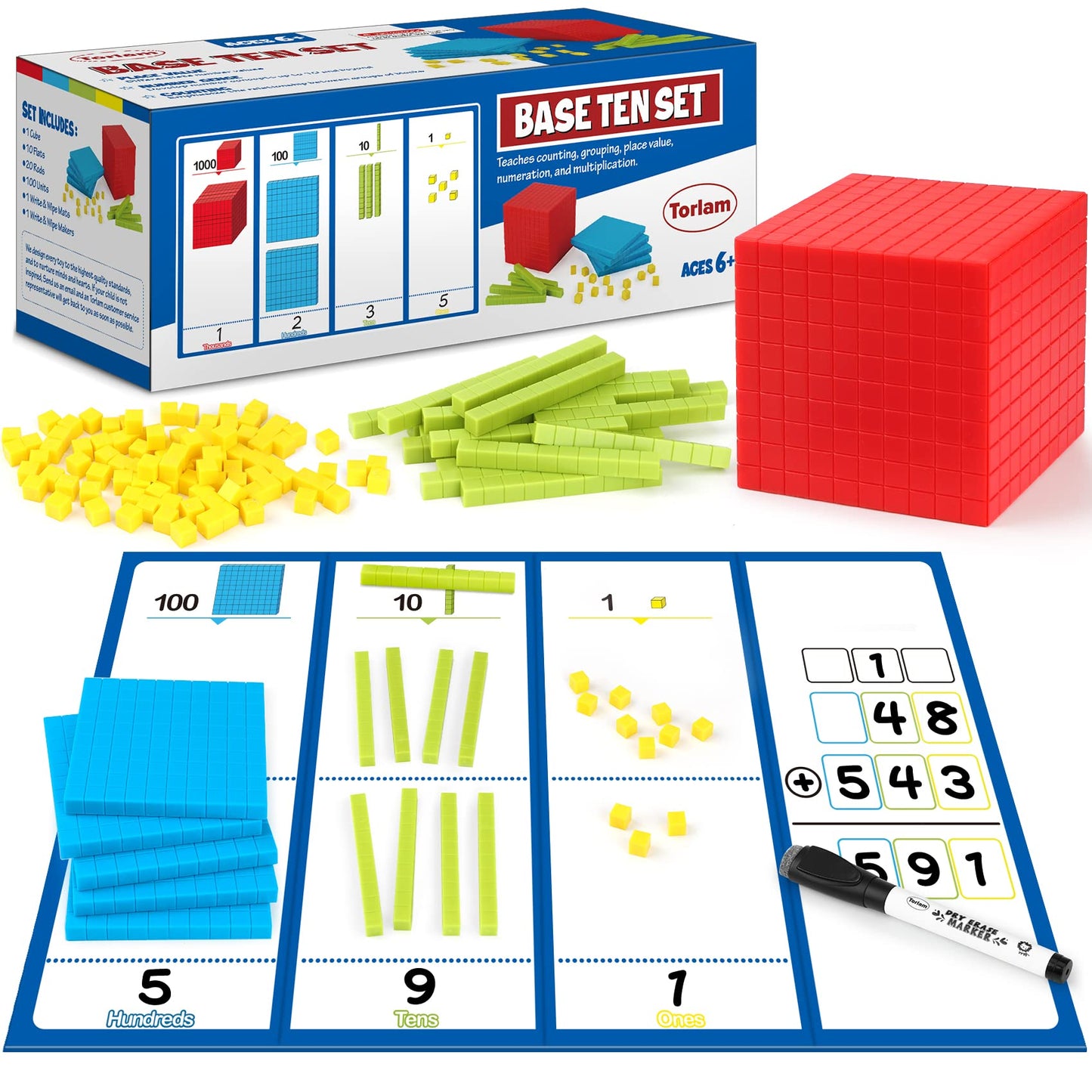 Torlam 131 PCS Base Ten Blocks - Colorful Math Manipulatives for Learning