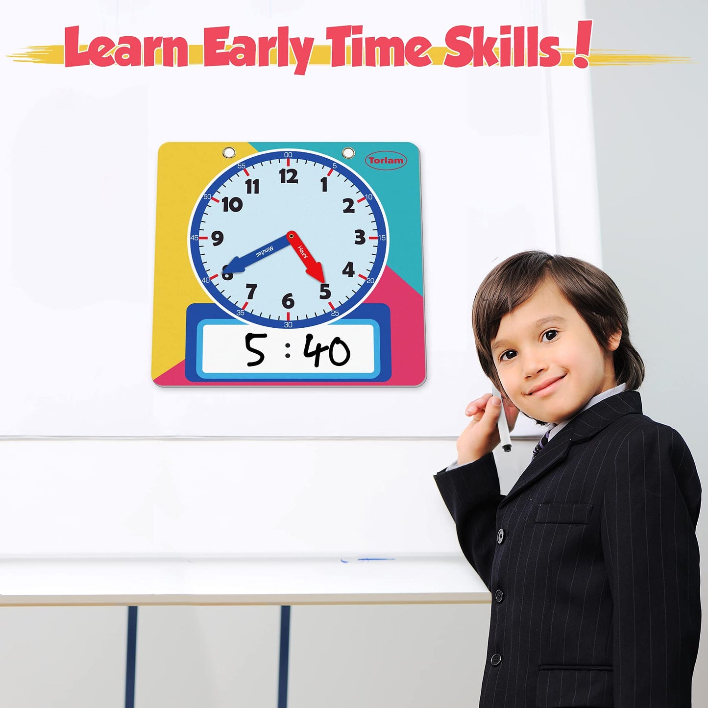 Torlam Magnetic Writable Dry Erase Learning Clock – 12-Inch Rainbow Demonstration Clock for Kids Tell Time