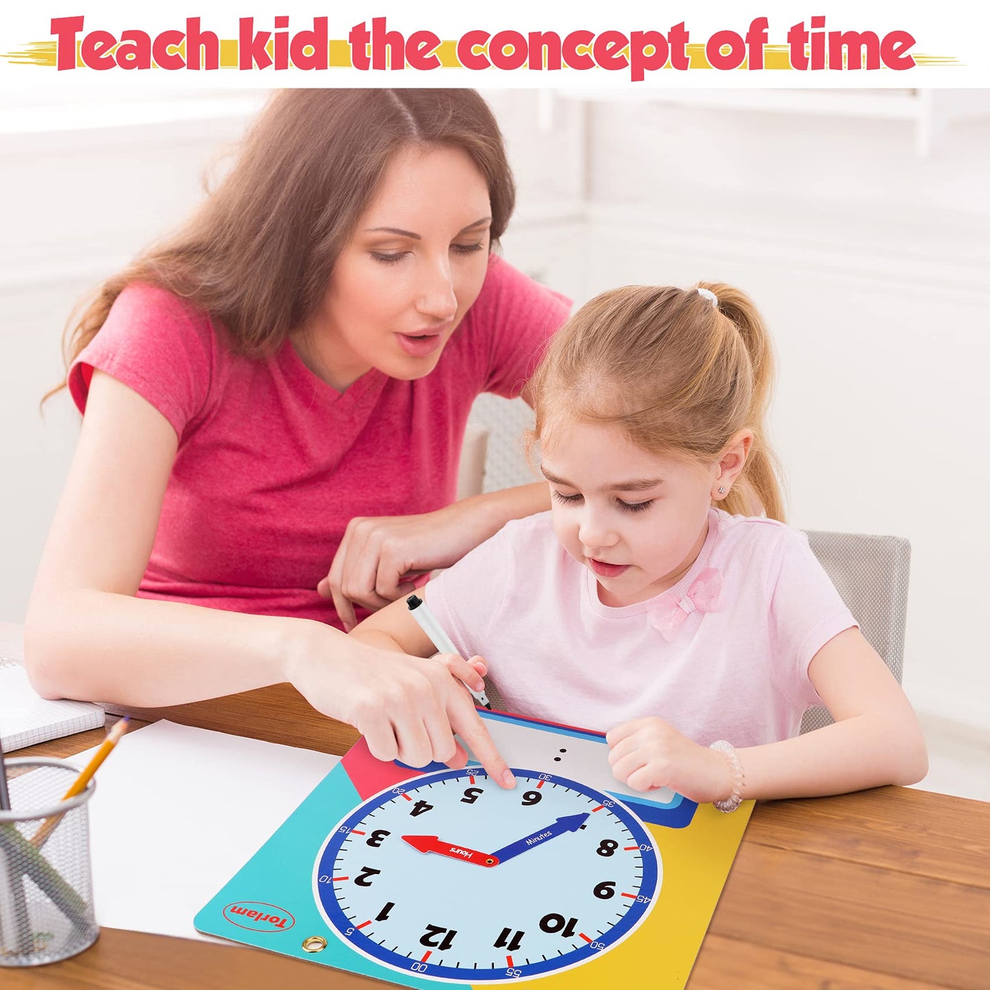 Torlam Magnetic Writable Dry Erase Learning Clock – 12-Inch Rainbow Demonstration Clock for Kids Tell Time