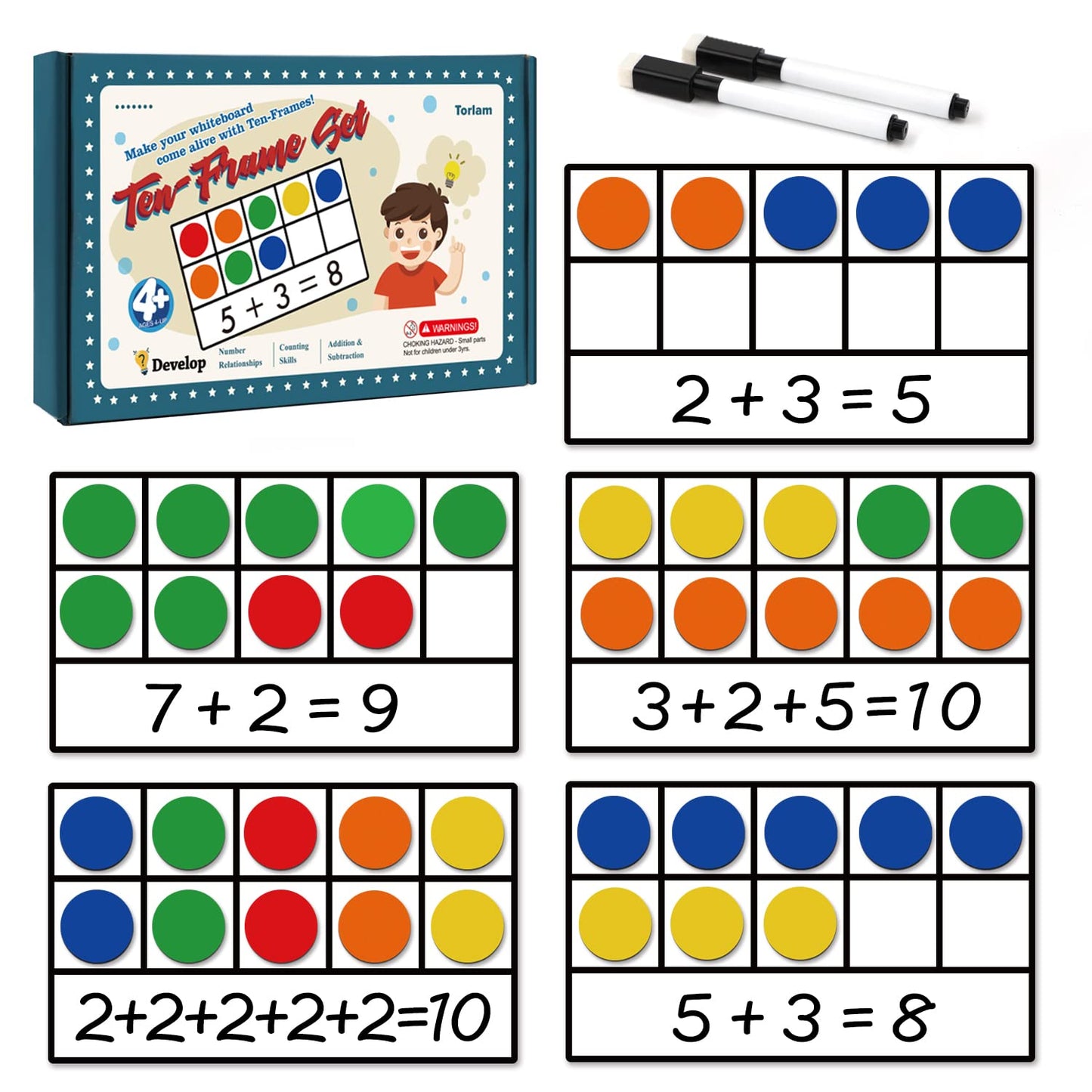 Torlam Magnetic Ten-Frame Set – 5 Frames & 55 Counters (Hand-held, 2 Pens Included)