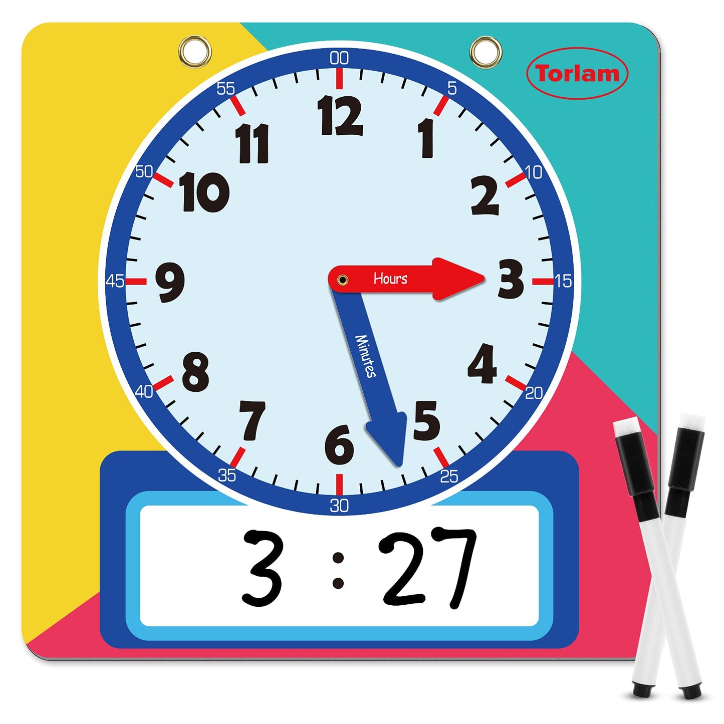 Torlam Magnetic Writable Dry Erase Learning Clock – 12-Inch Rainbow Demonstration Clock for Kids Tell Time