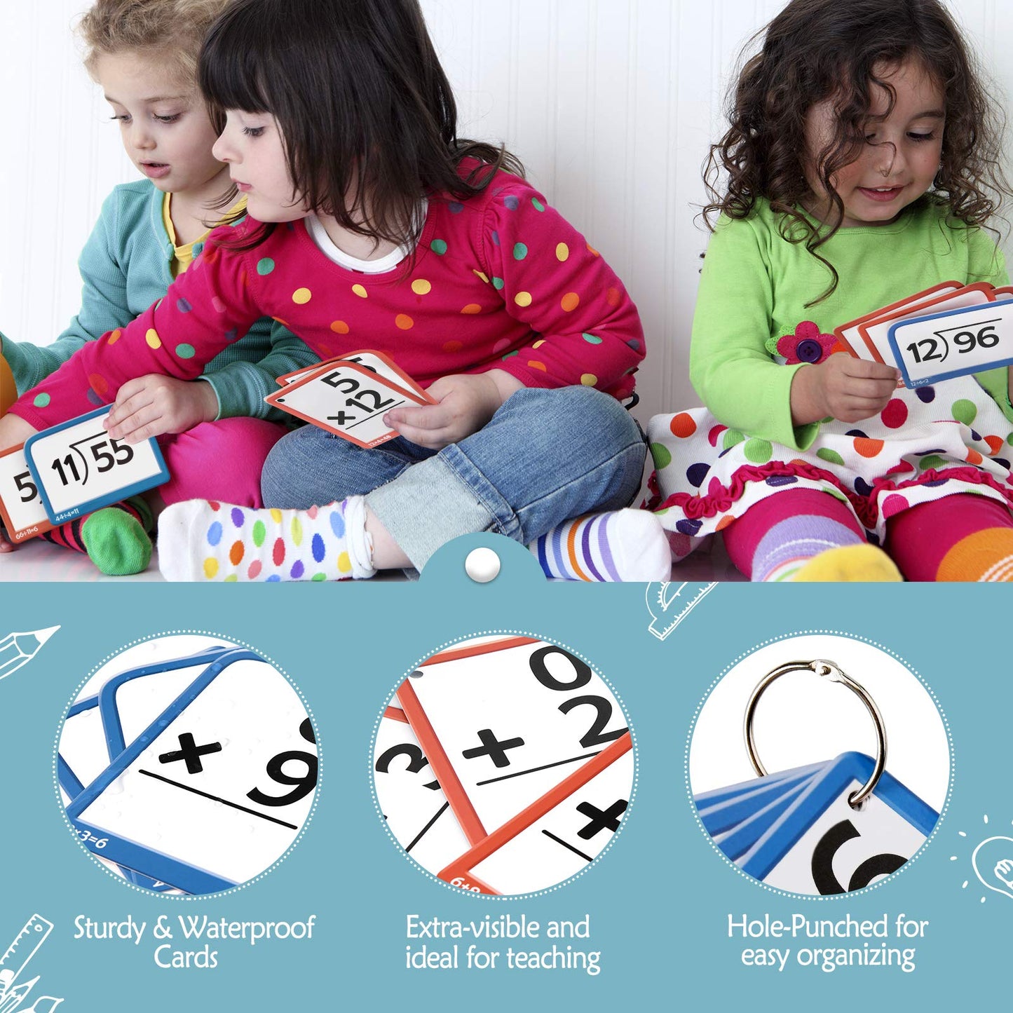 Torlam Multi Math Flash Cards for Kids 4-8 – Addition, Subtraction, Multiplication & Division | 332 Cards with 4 Rings