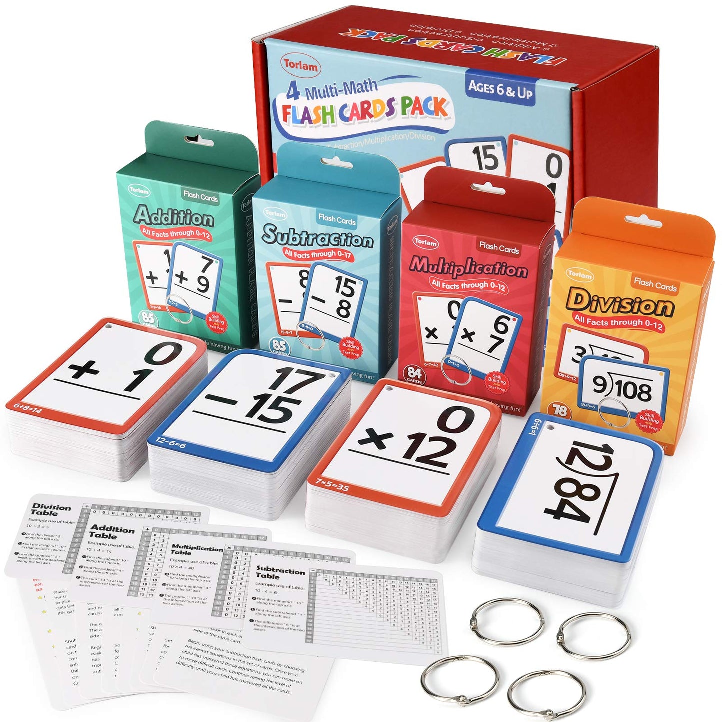 Torlam Multi Math Flash Cards for Kids 4-8 – Addition, Subtraction, Multiplication & Division | 332 Cards with 4 Rings