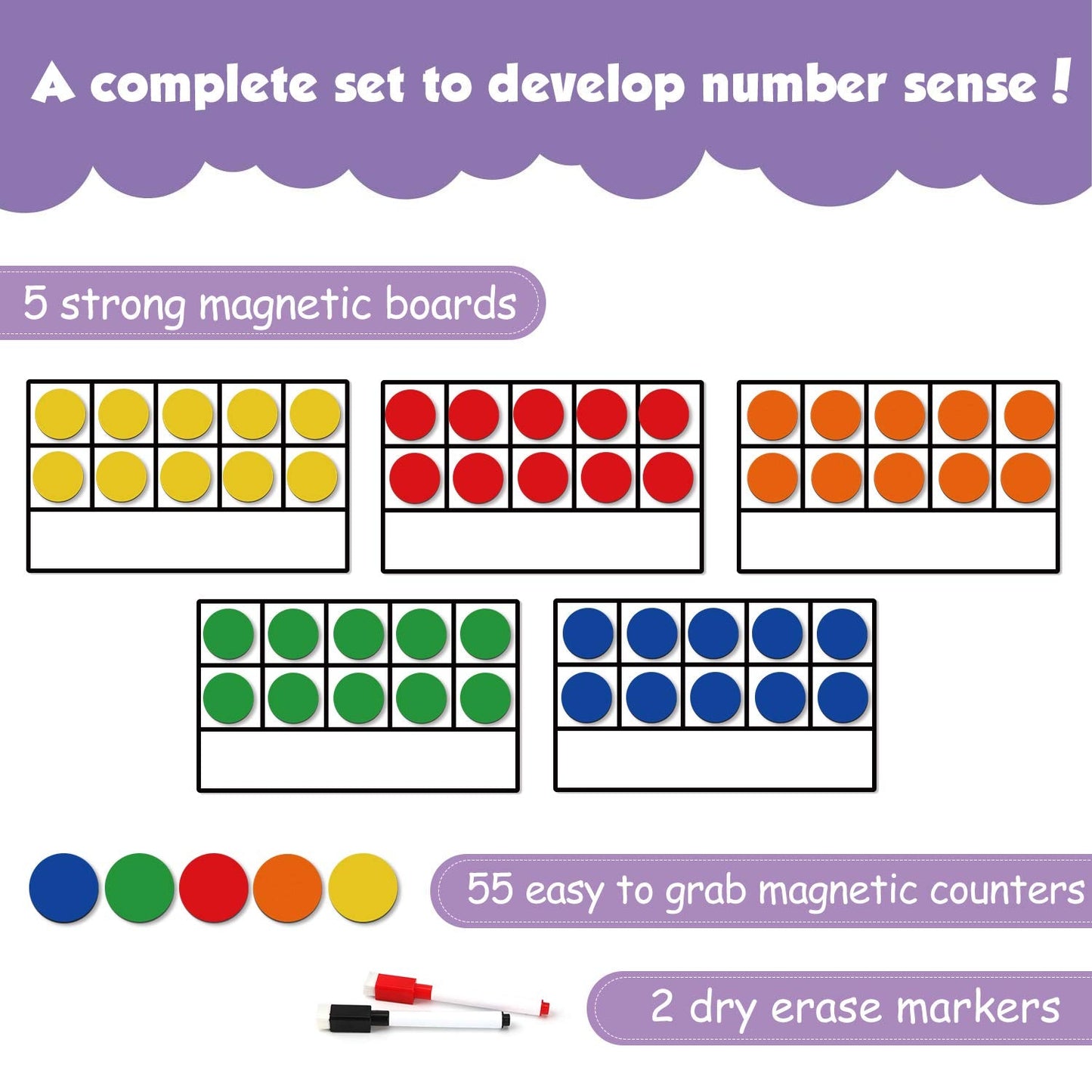 Torlam Magnetic Ten-Frame Set – 5 Frames & 55 Counters (Hand-held, 2 Pens Included)