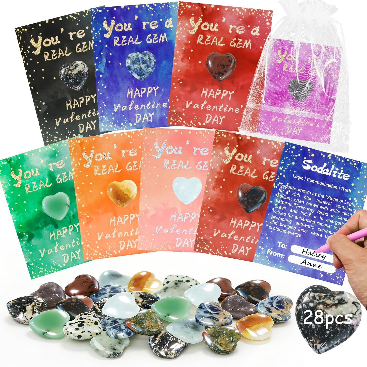 TORONTOKYO Valentines Day Gifts for Kids – 28 Heart Crystal Cards & Rock Goodie Bags