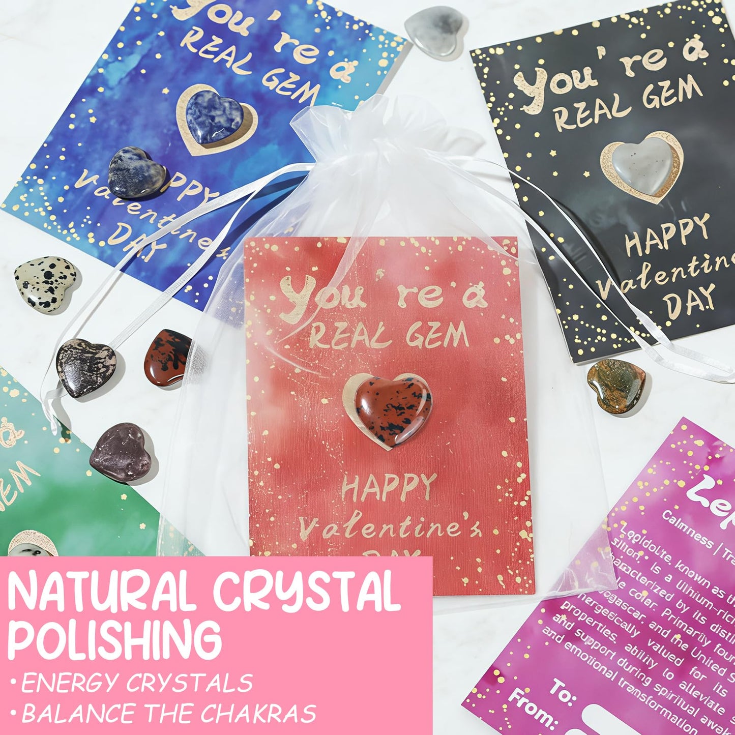 TORONTOKYO Valentines Day Gifts for Kids – 28 Heart Crystal Cards & Rock Goodie Bags