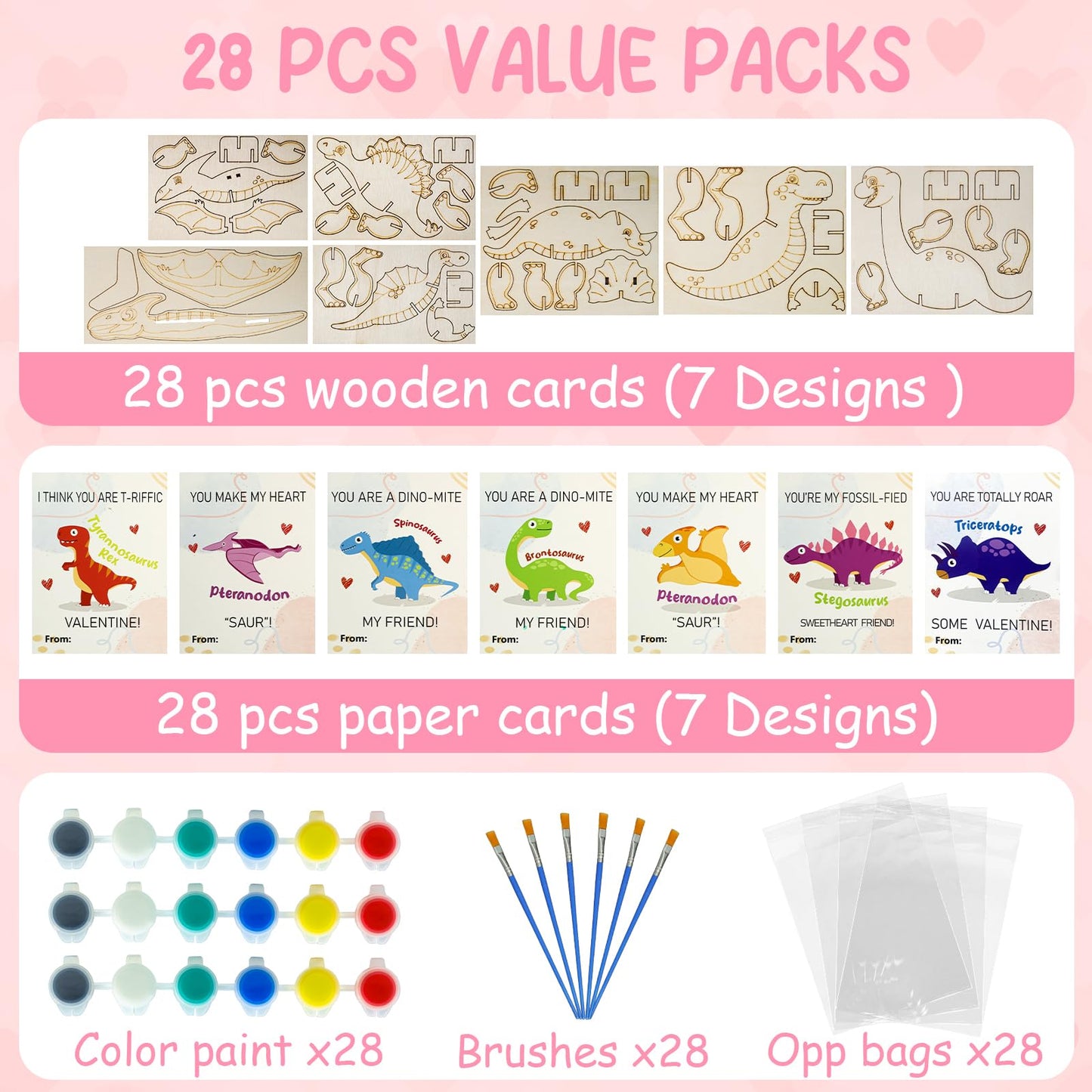 TORONTOKYO Valentines Day Gifts for Kids | 28 Dino Wood Painting Craft Kits